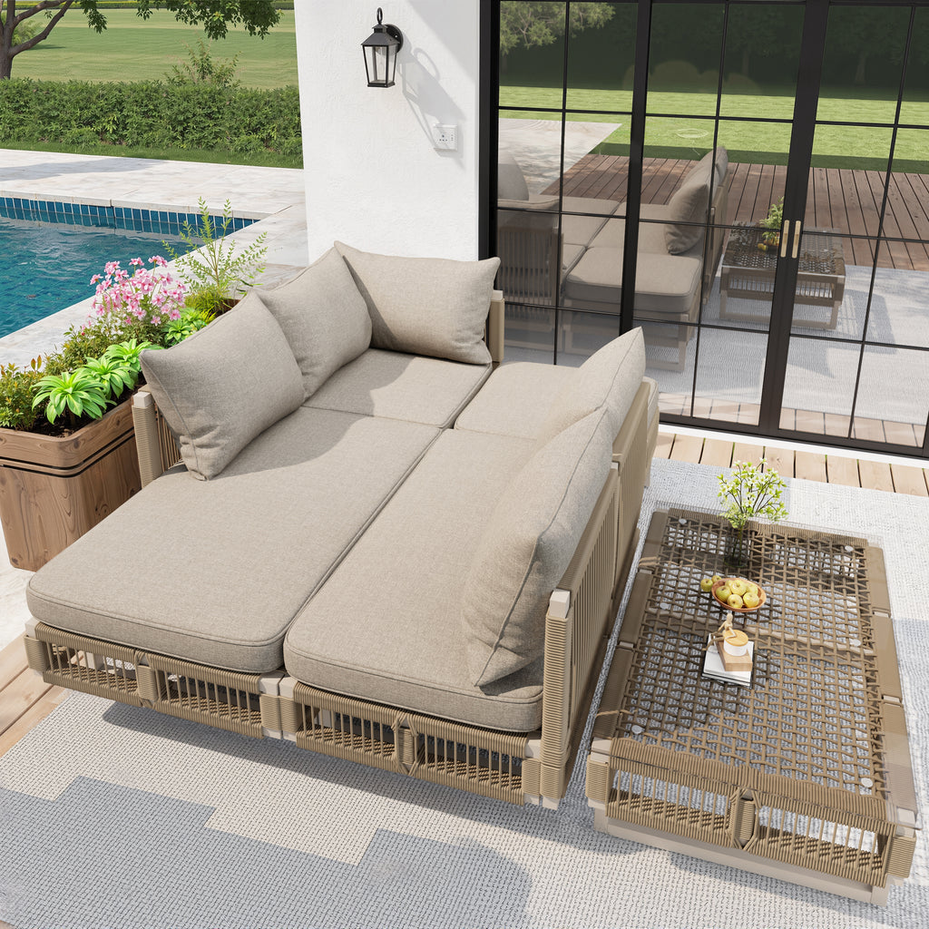 Modular Rope-Woven Outdoor Sofa Set with Tempered Glass Coffee Table, 10cm Thick Cushions, for Patio & Poolside