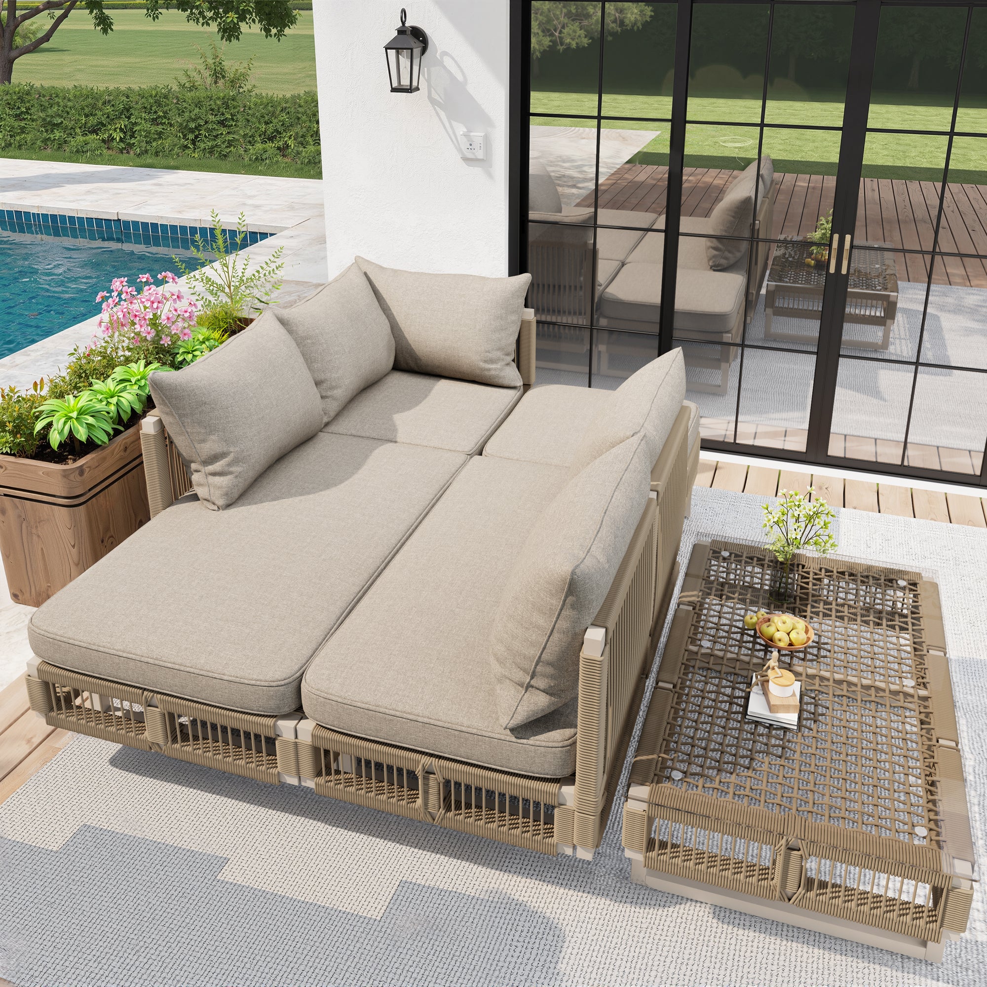 Modular Rope-Woven Outdoor Sofa Set with Tempered Glass Coffee Table, 10cm Thick Cushions, for Patio & Poolside