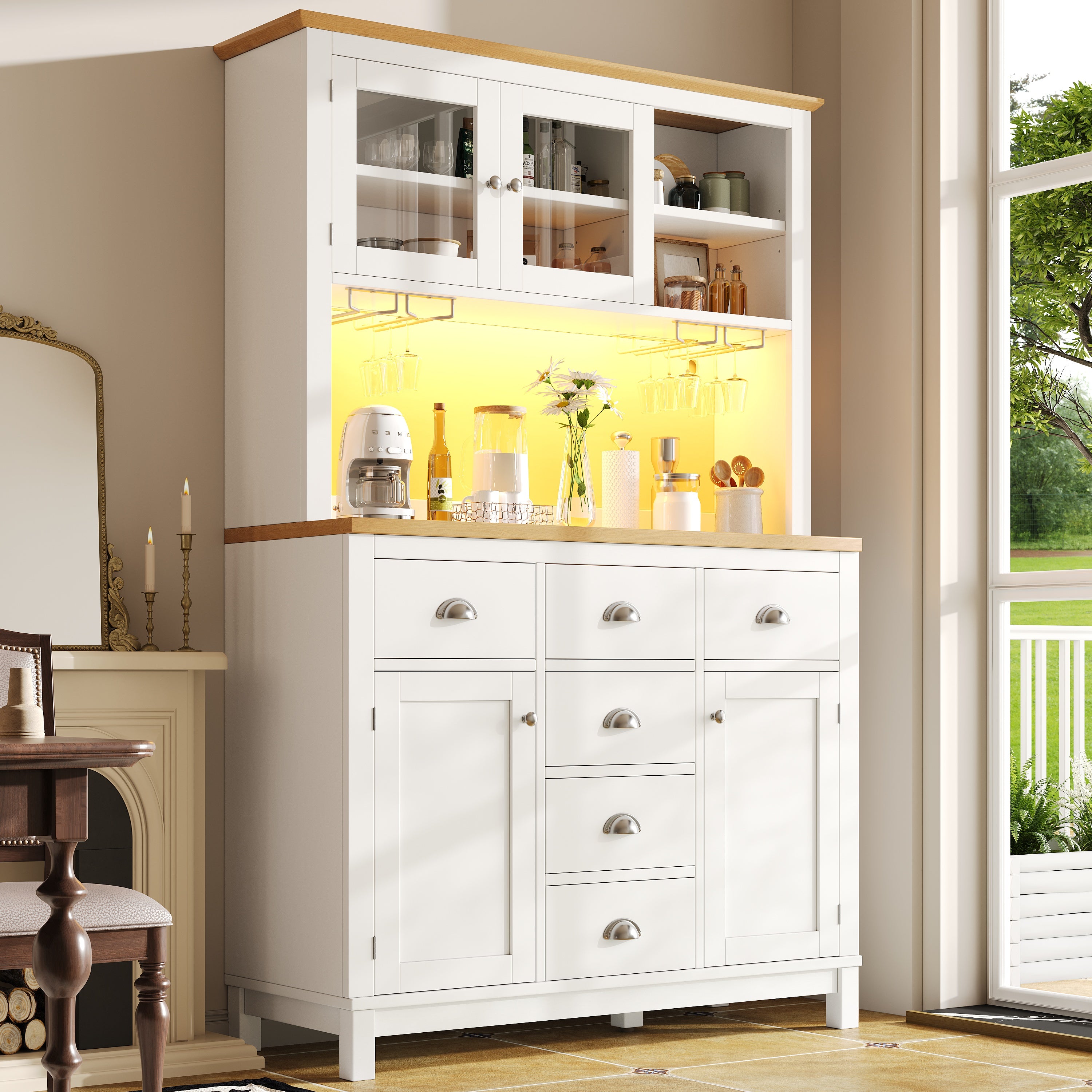 Sideboard / Storage Cabinet / Kitchen Cabinet / Buffet Cabinet, 104x40x180cm, Farmhouse Style, 5 Doors, with LED Light Strip & Drink Holders, Green/White