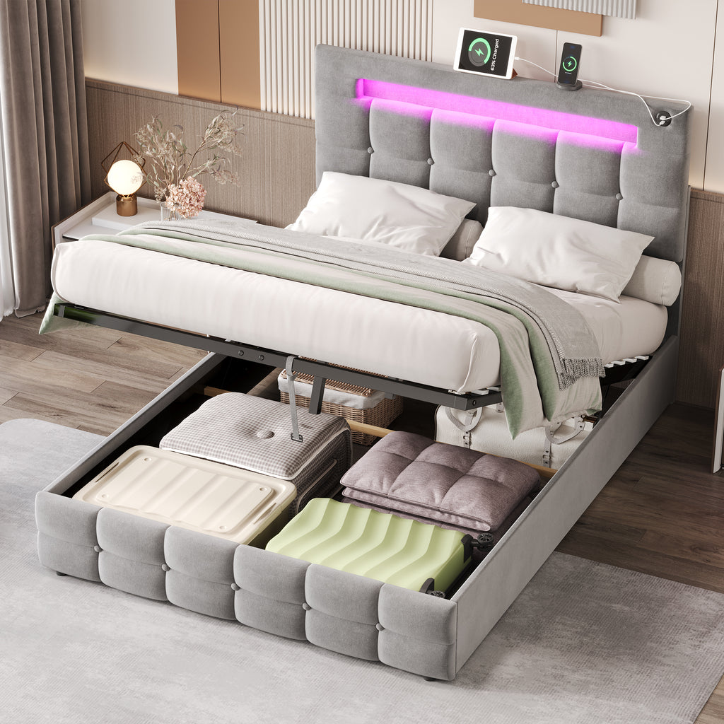 4ft6 Double Upholstered Bed Frame with Hydraulic Storage, Velvet Ottoman Bed with LED Lighting and Charging Station,  Double Bed with Adjustable Button Tufted Headboard, Grey (No Mattress)