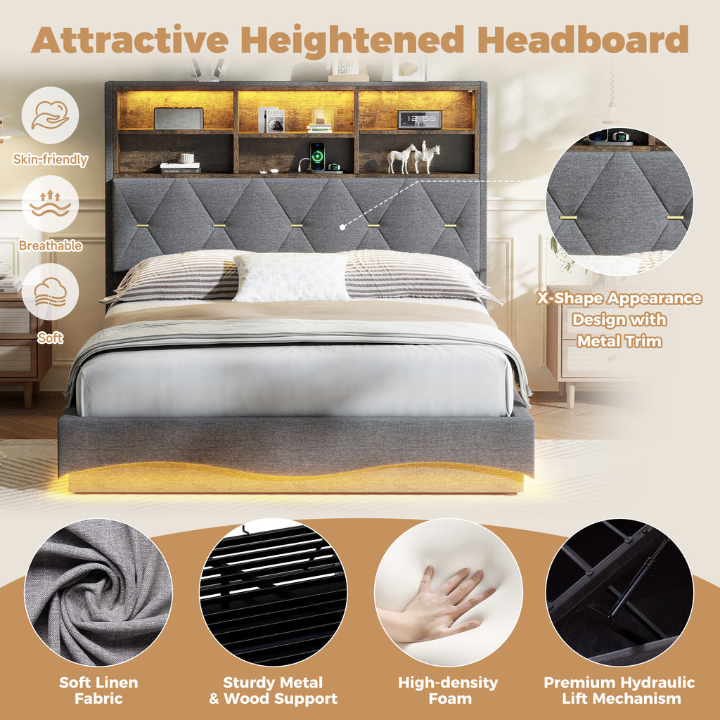 4ft6 Double Upholstered Bed Frame with Hydraulic Storage, Wavy LED Heightened Headboard with Charging Station, USB and Type - C Ports, Linen, No Box Spring Needed, Grey (No Mattress)