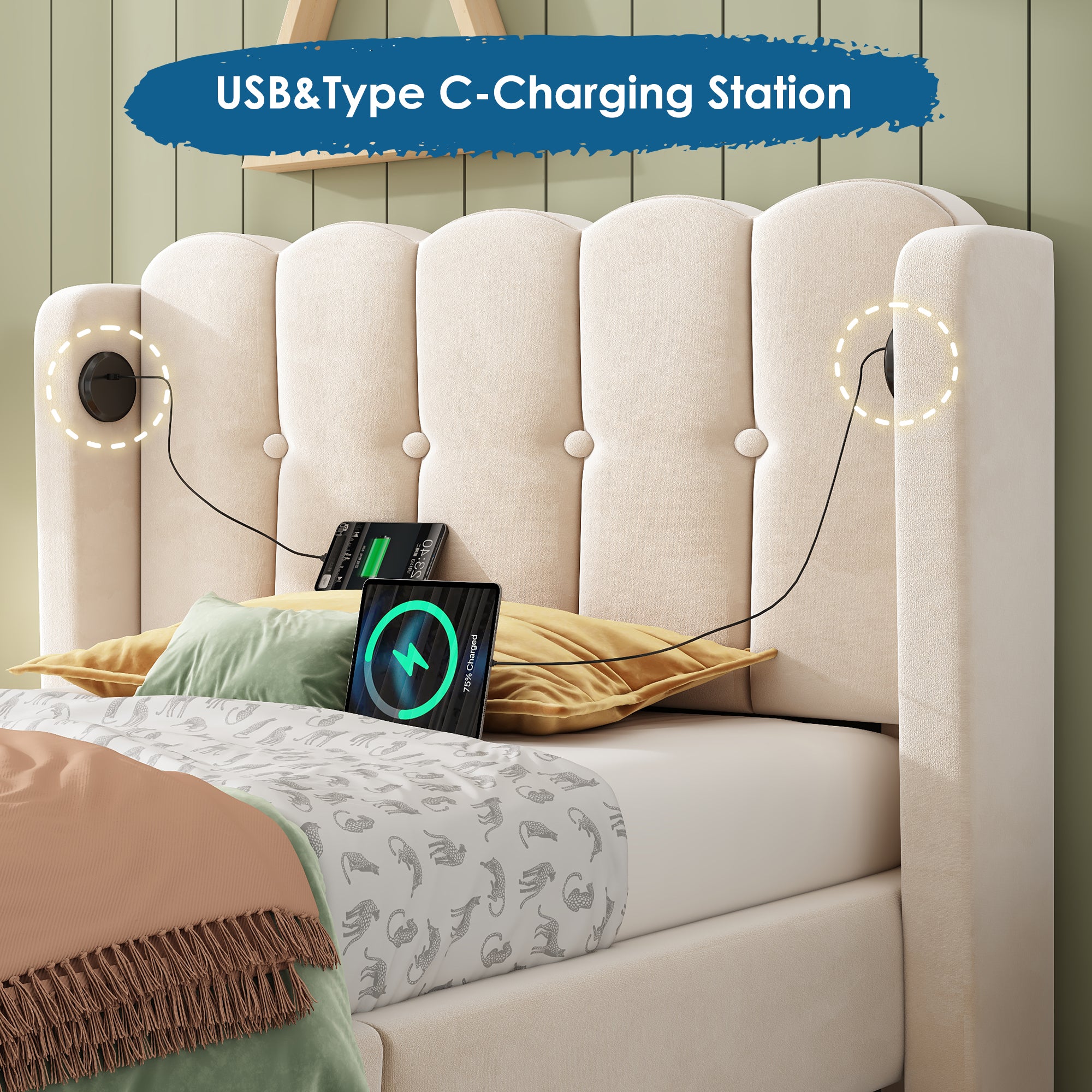 Upholstered Single Bed with USB and Type-C Charging, 3FT Bed Frame with Wooden Slatted Frame, Teenager Bed for Bedroom & Guest Room, 90 x 190 cm, Beige, Velvet (No Mattress)