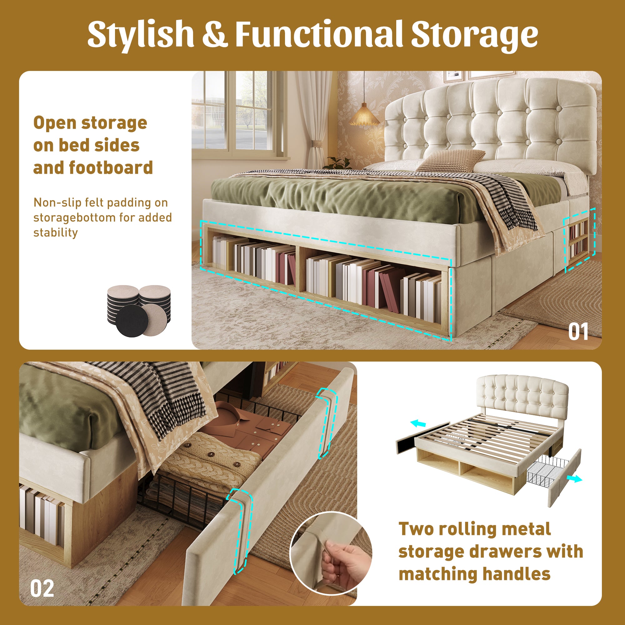 Upholstered Double Bed with Storage Compartments and Drawers, 4ft6 Double Bed with Adjustable Headboard, 135 x 190 cm, Velvet, Beige (No Mattress)