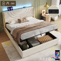 5ft King Upholstered Bed Frame with Hydraulic Storage, LED Headboard with Charging Station and Chrome Trim, USB and Type-C Ports, Linen, No Box Spring Needed, Beige (No Mattress)