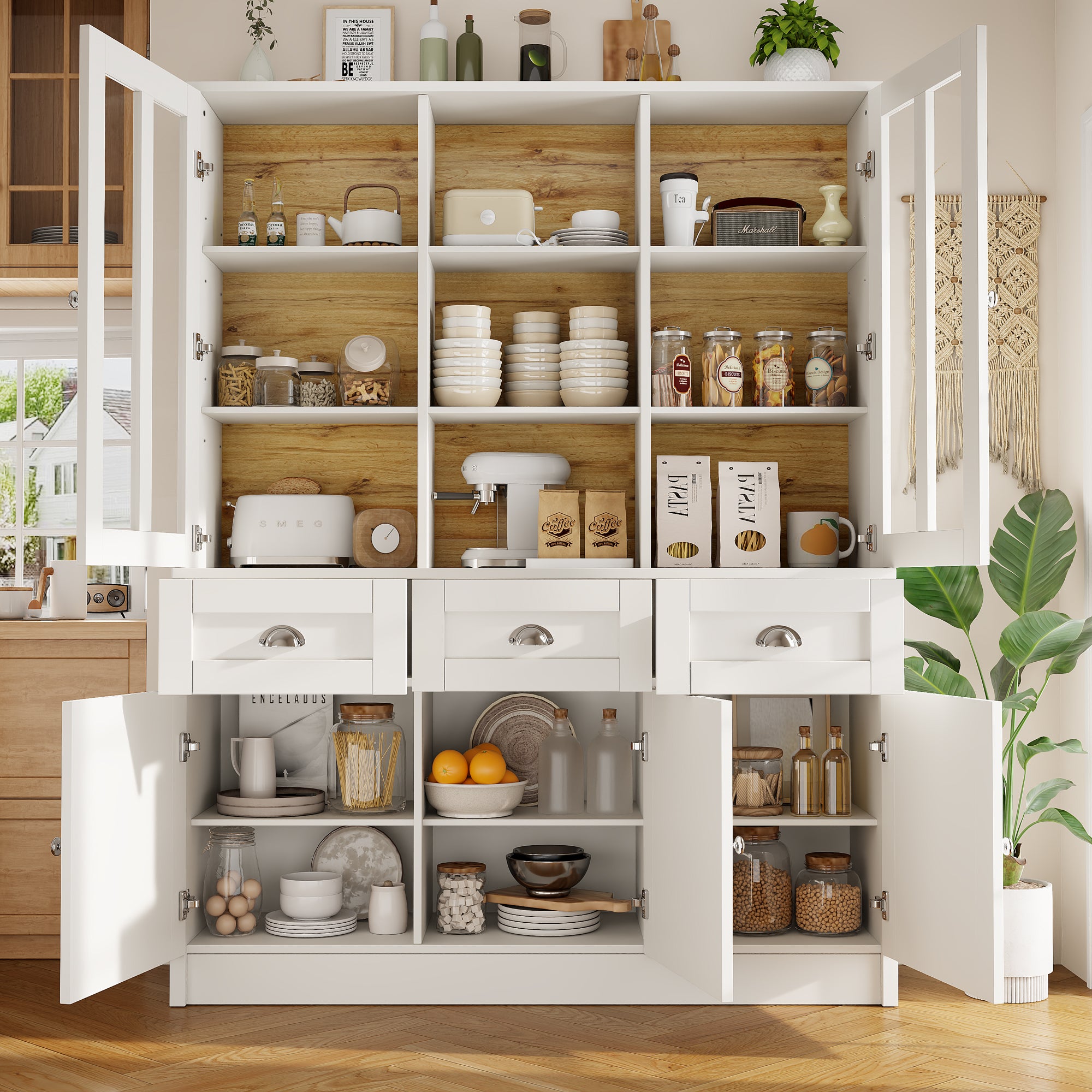 Tall Cabinets for Living Room (140×38.5×175cm), Display Cabinet, Kitchen Cabinet, Dining Room Cabinet with Drawers, Modern Minimalist Tall Cabinet, Freestanding Display Cabinet, White