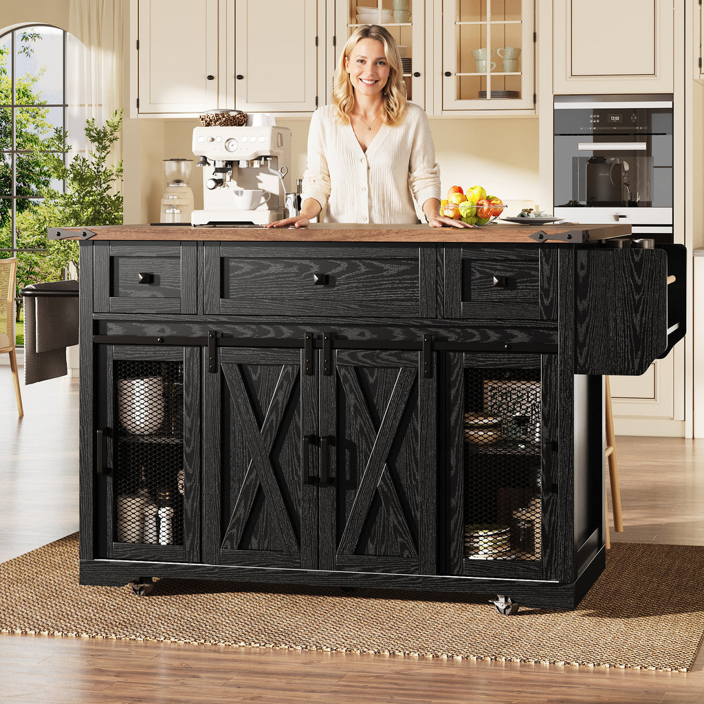 Kitchen island trolley with extendable worktop and power connection, 91cm working height, white/black, load capacity up to 75kg