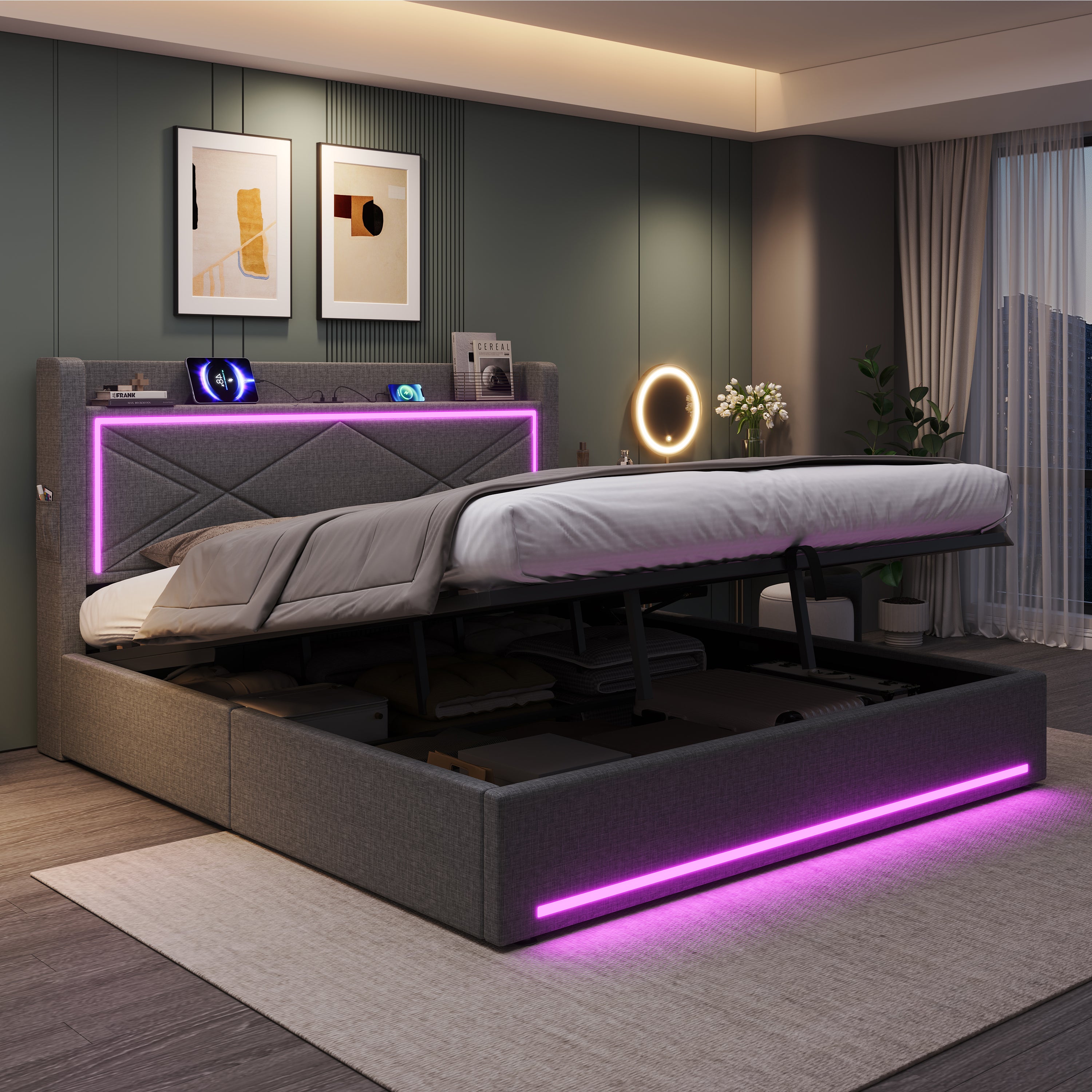 6ft Super King Upholstered Bed Frame with Hydraulic Storage,  Linen Ottoman Bed with LED Lighting and Charging Station, USB and Type - C Ports, No Box Spring Needed, Grey (No Mattress)