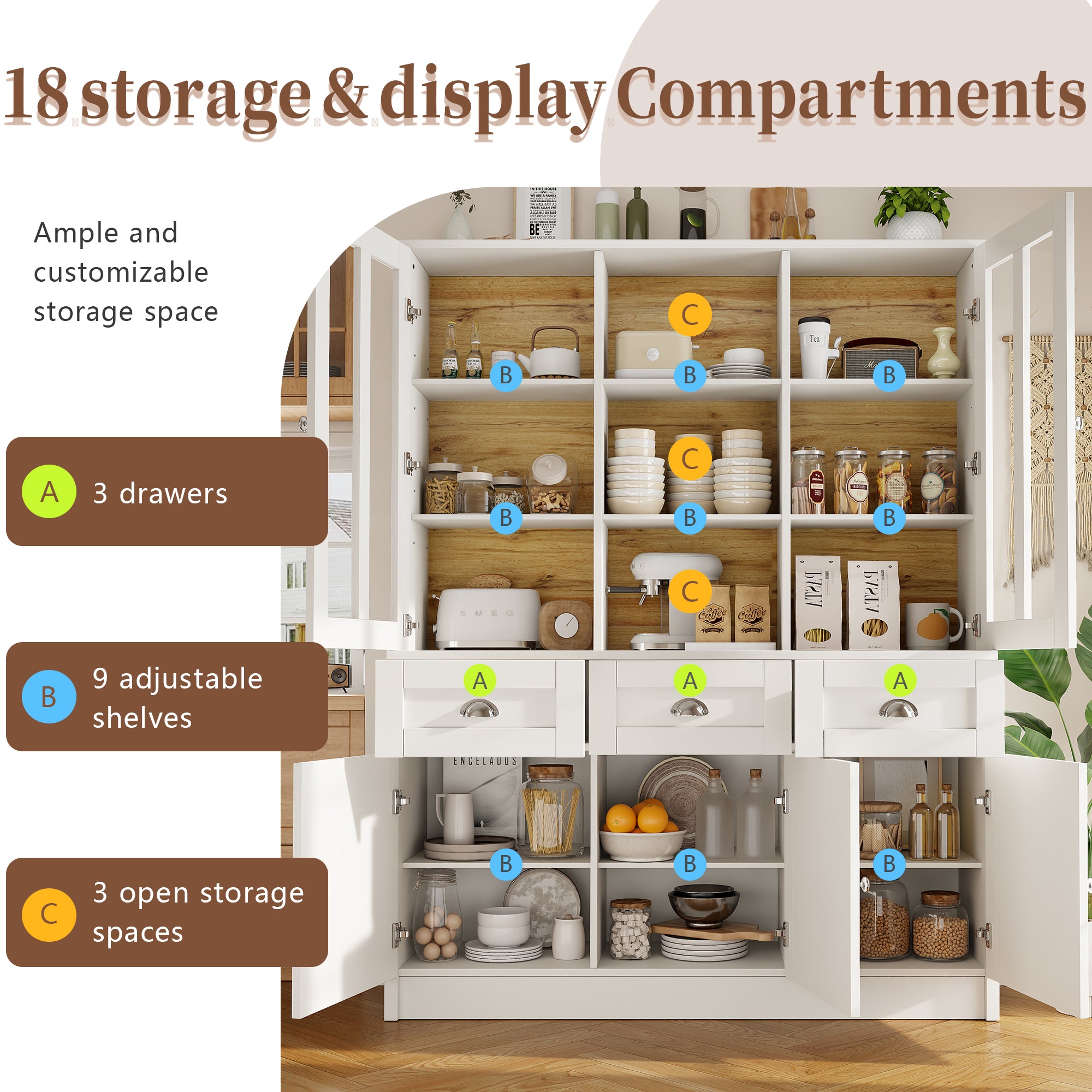 Tall Cabinets for Living Room (140×38.5×175cm), Display Cabinet, Kitchen Cabinet, Dining Room Cabinet with Drawers, Modern Minimalist Tall Cabinet, Freestanding Display Cabinet, White