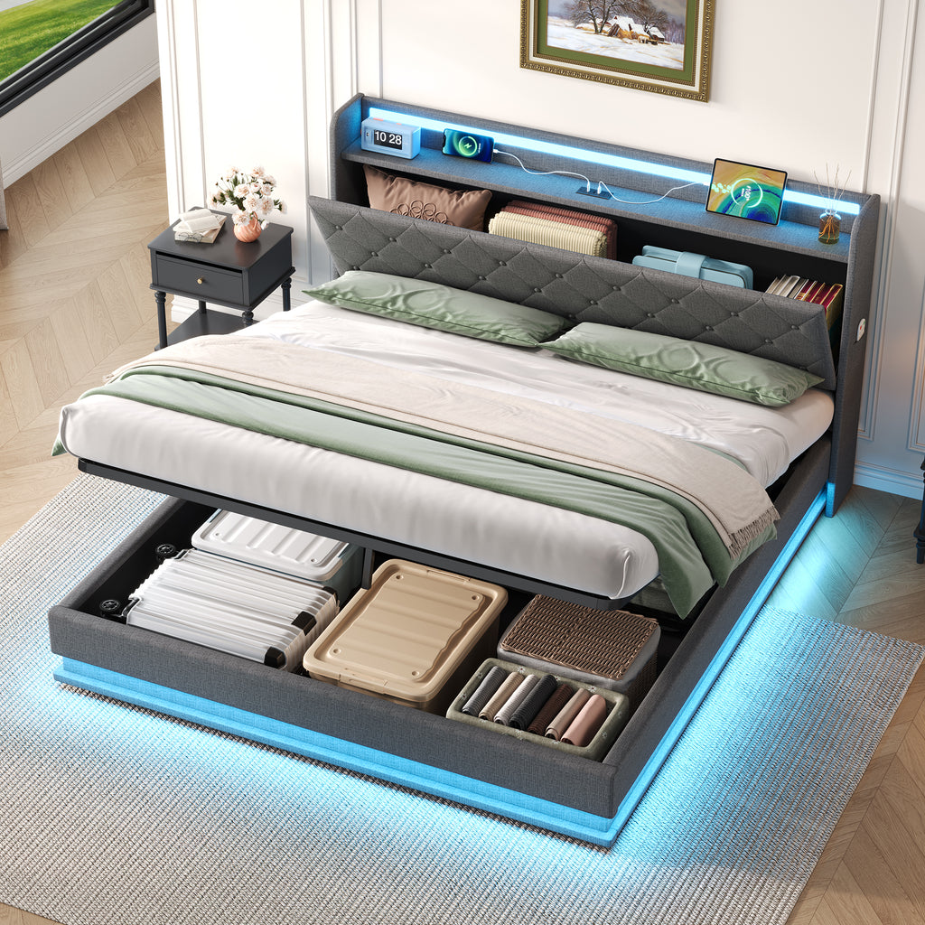 4ft6 Double Upholstered Bed Frame with Hydraulic Storage,  LED Button Tufted Headboard with Charging Station and Concealed Headboard Storage, USB and Type - C Ports, Linen, Grey (No Mattress)