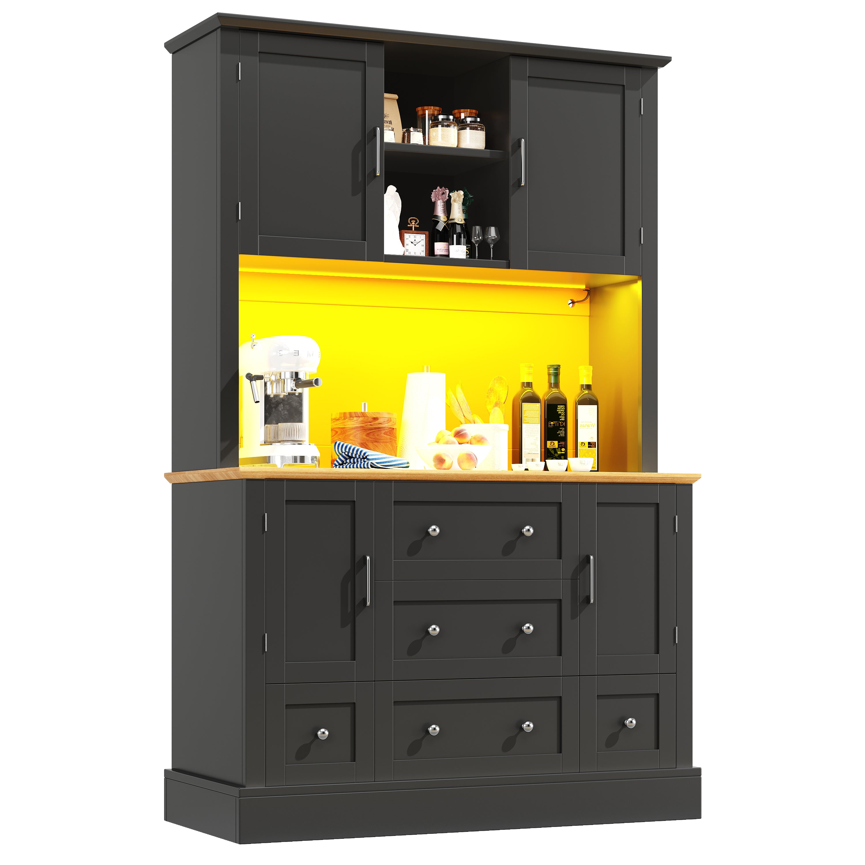 Snack cabinet, kitchen cabinet (115 x 40 x 180 cm), tall kitchen dining cabinet, sideboard, kitchen cabinet with five drawers and LED lighting, suitable for kitchen, living room, dining room, black