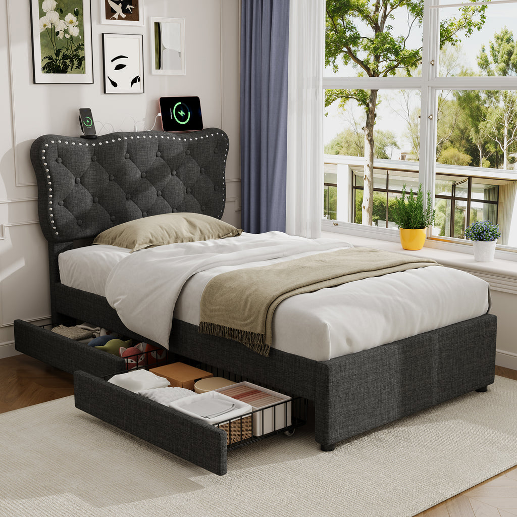 3ft Single Upholstered Bed with Rivet Design and Charging Station, Two Storage Drawers, Adjustable Button Tufted Headboard with USB & Type-C Ports, No Box Spring Needed, Linen, Grey (No Mattress)