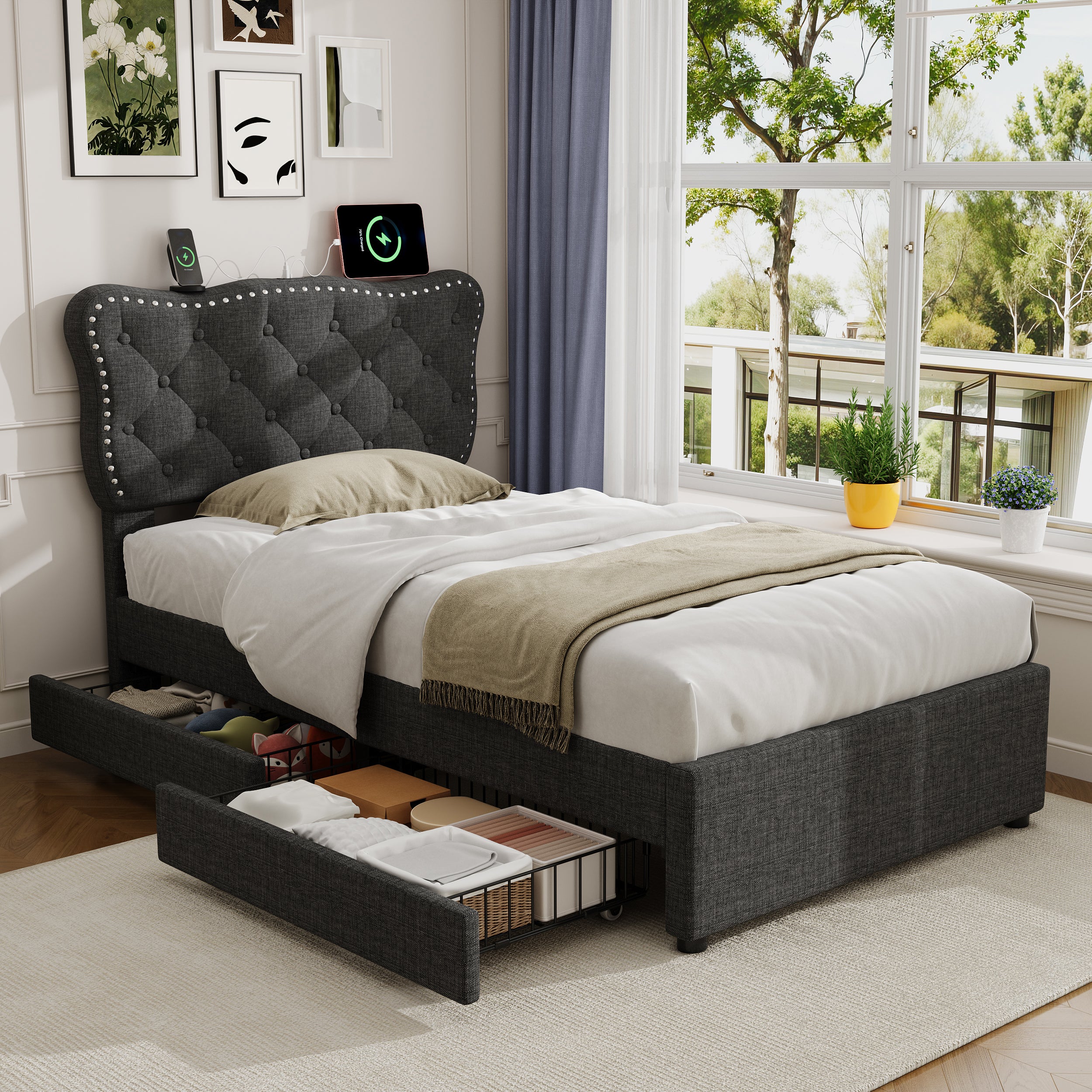 3ft Single Upholstered Bed with Rivet Design and Charging Station, Two Storage Drawers, Adjustable Button Tufted Headboard with USB & Type-C Ports, No Box Spring Needed, Linen, Grey (No Mattress)