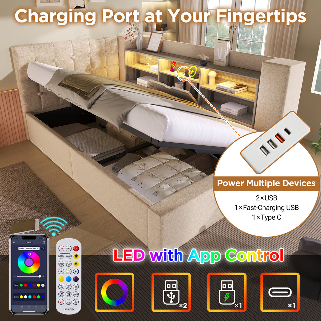 Daybed Upholstered Bed 90 x 190 cm, 3FT Single Sofa Bed with Hydraulic Storage, USB &Type-C Charging Station, Single Bed for Living Room and Bedroom, Linen, Beige (No Mattress)