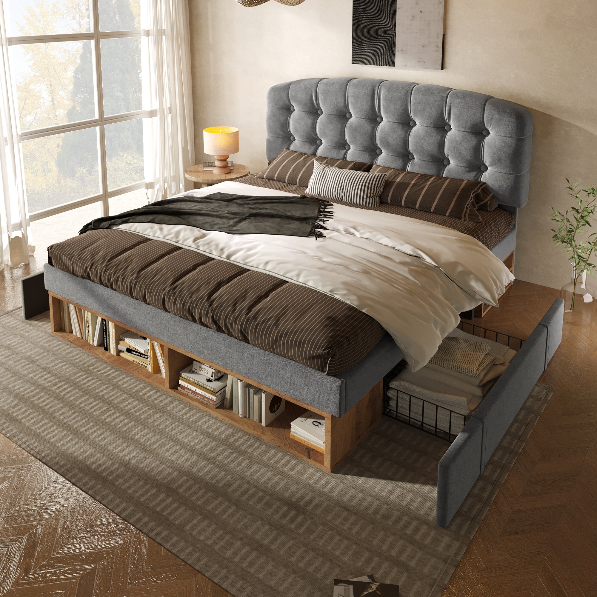 Upholstered Double Bed with Storage Compartments and Drawers, 4ft6 Double Bed with Adjustable Headboard, 135 x 190 cm, Velvet, Grey (No Mattress)