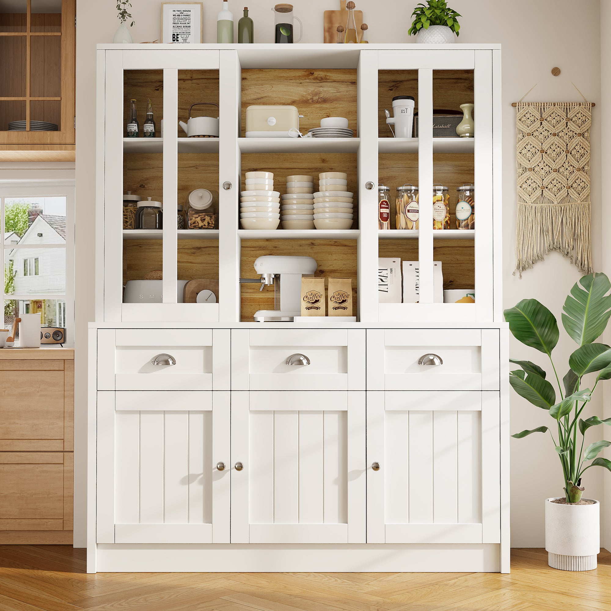 Tall Cabinets for Living Room (140×38.5×175cm), Display Cabinet, Kitchen Cabinet, Dining Room Cabinet with Drawers, Modern Minimalist Tall Cabinet, Freestanding Display Cabinet, White