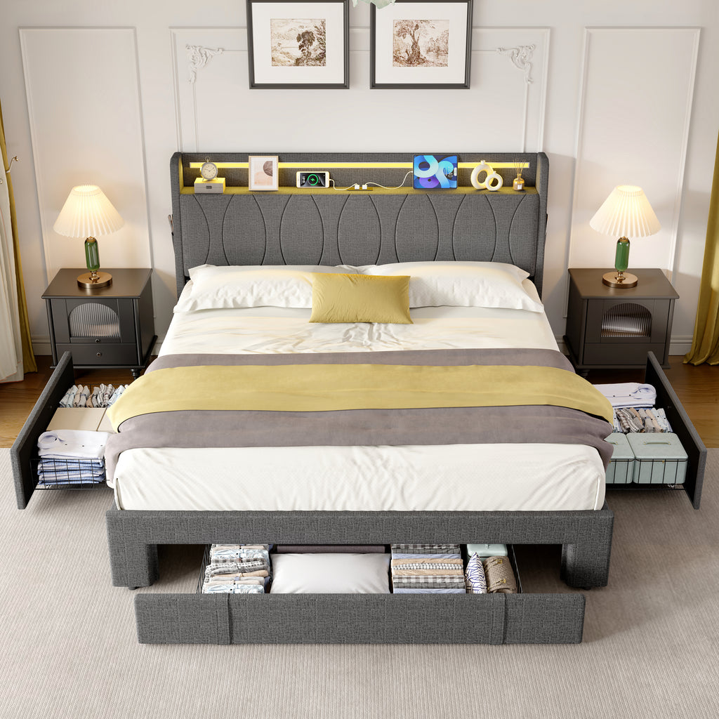 4ft6 Double Upholstered Bed with Three Storage Drawers, LED Headboard with Charging Station and Concealed Headboard Storage,USB and Type - C Ports, Linen, No Box Spring Needed, Grey (No Mattress)
