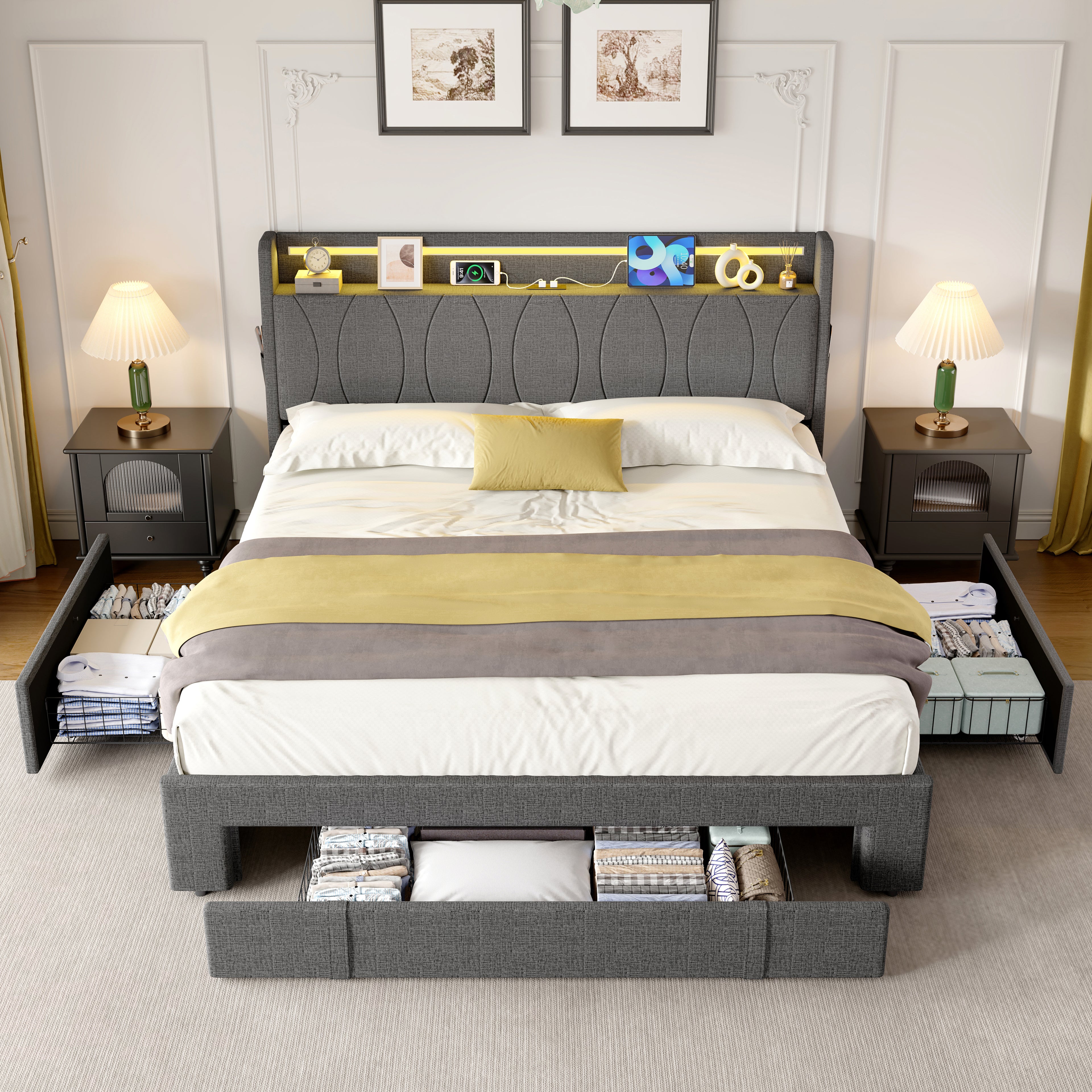 4ft6 Double Upholstered Bed with Three Storage Drawers, LED Headboard with Charging Station and Concealed Headboard Storage,USB and Type - C Ports, Linen, No Box Spring Needed, Grey (No Mattress)