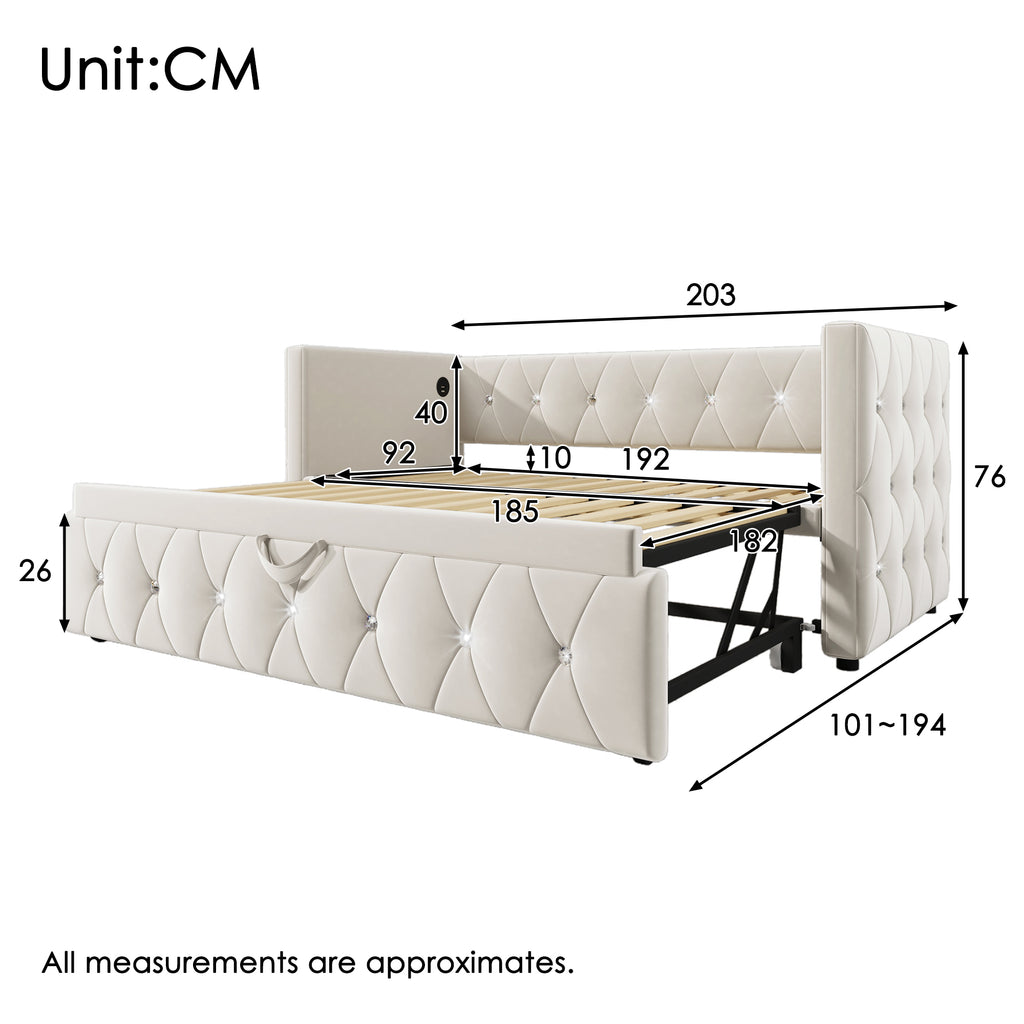 Daybed Single Upholstered Bed Sofa Bed with USB &Type C Charging Sations, 3FT Single Bed 90x190cm with Trundle ,Pull out Trundle for Living Room and Bedroom,Velvet ,Beige