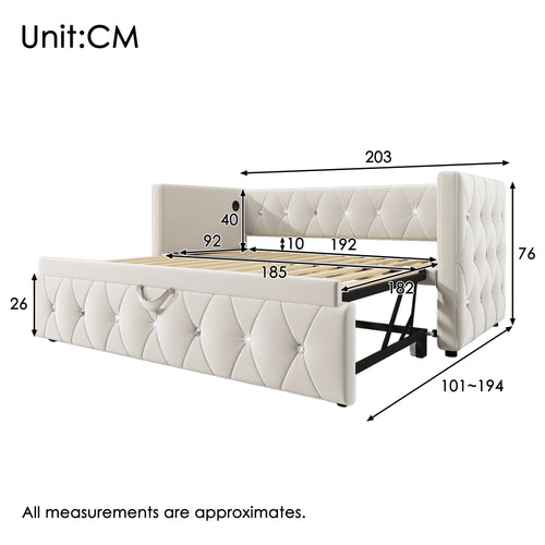 Daybed Single Upholstered Bed Sofa Bed with USB &Type C Charging Sations, 3FT Single Bed 90x190cm with Trundle ,Pull out Trundle for Living Room and Bedroom,Velvet ,Beige