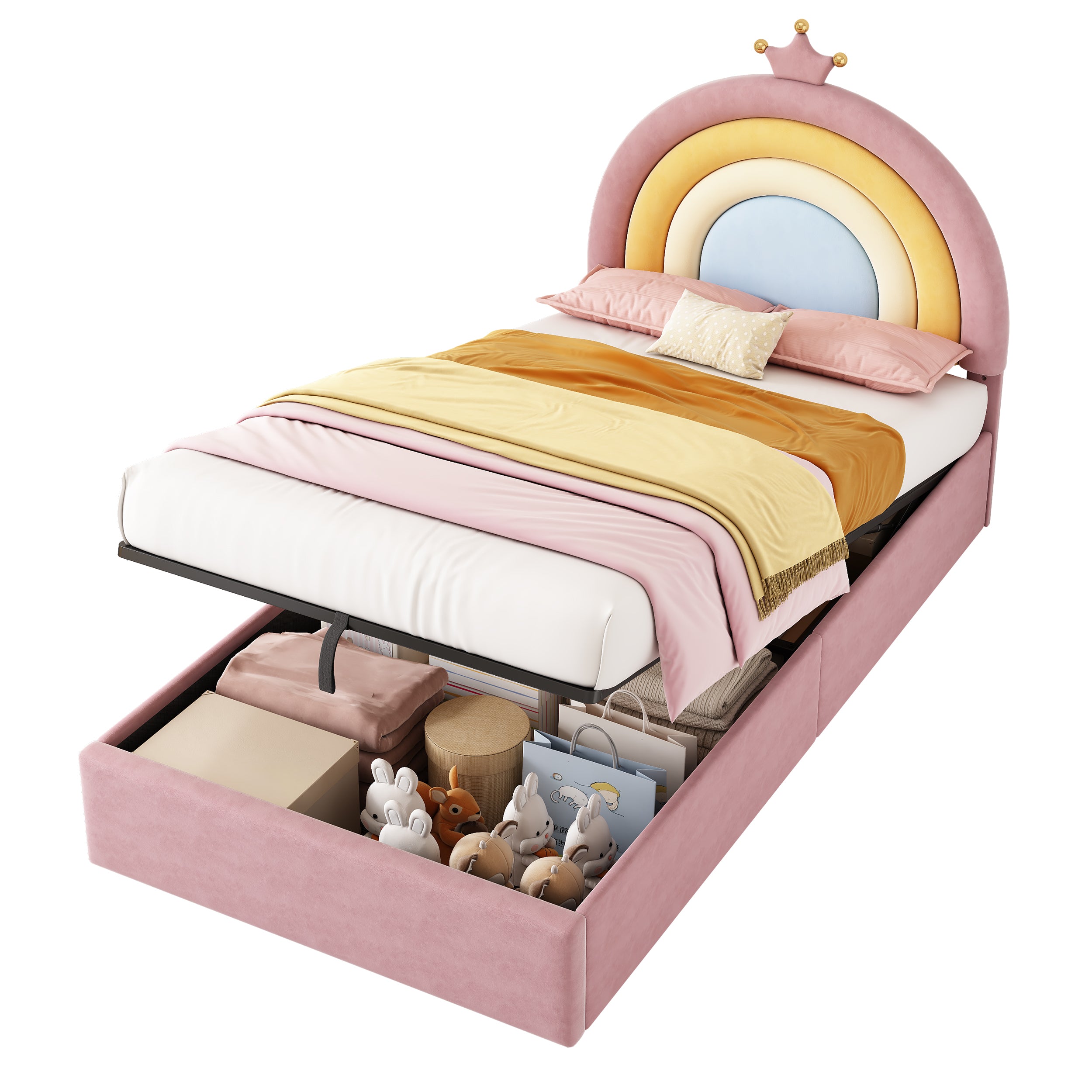 3ft Single Upholstered Hydraulic Bed with Adjustable Rainbow Headboard, Soft Velvet Bed Frame with Hydraulic Storage, Stylish Rainbow Headboard with Crown, No Box Spring Needed, Pink (No Mattress)