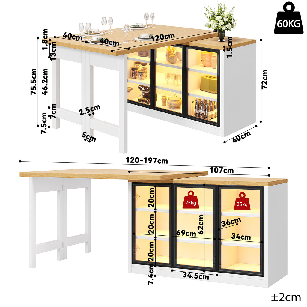 Extendable Sideboard & Dining Table Combo with LED Lights, Push-to-Open Glass Display Cabinet, Space Saving Sideboard for Small Flat, White