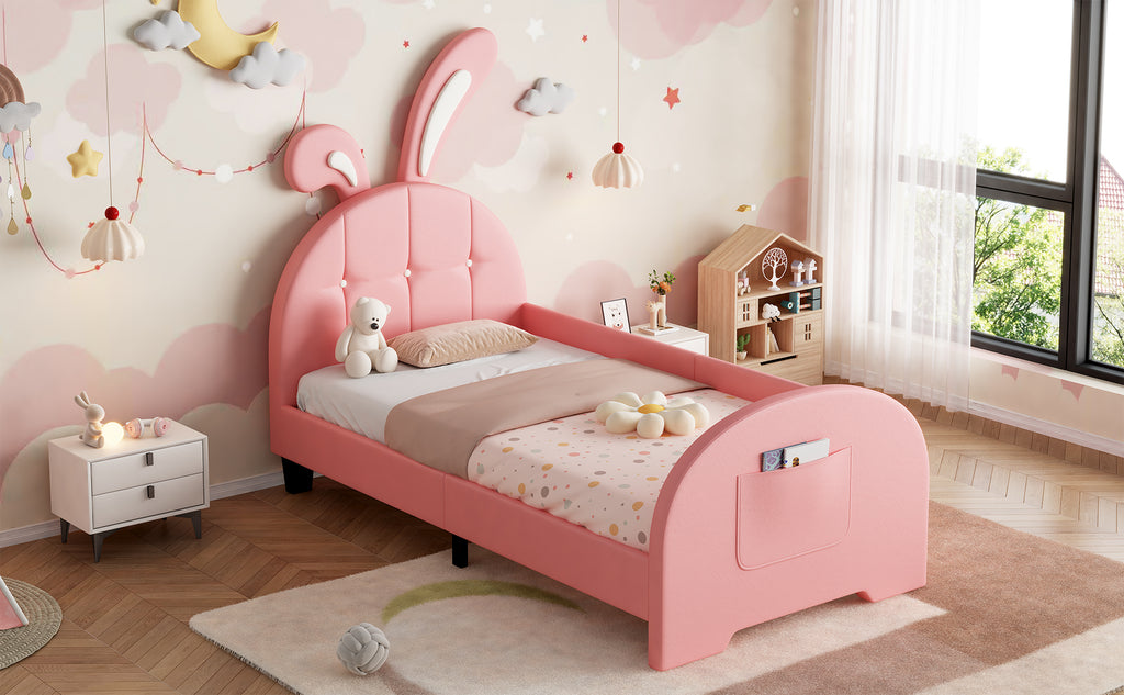 3ft Single Rabbit-Shaped Upholstered Bed Frame, Bunny Ear Headboard & Footboard Storage Pocket, Soft PU Leather Single Bed with Sturdy Metal-Wood Frame, Pink(No Mattress)