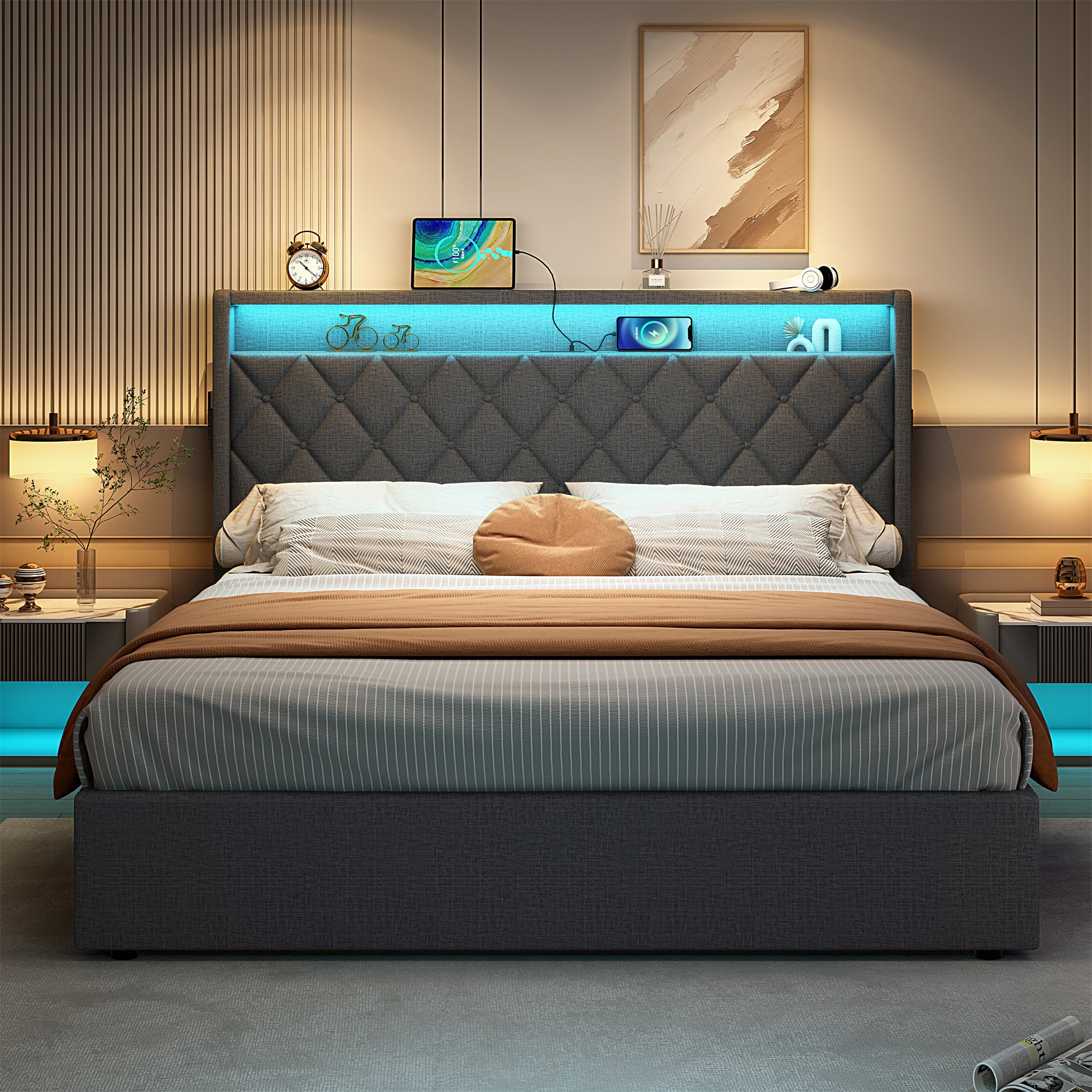 4ft6 Double Upholstered Bed Frame with Hydraulic Storage, Linen Ottoman Bed with LED Lighting, Button Tufted Storage Headboard with Charging Station, No Box Spring Needed, Grey (No Mattress)