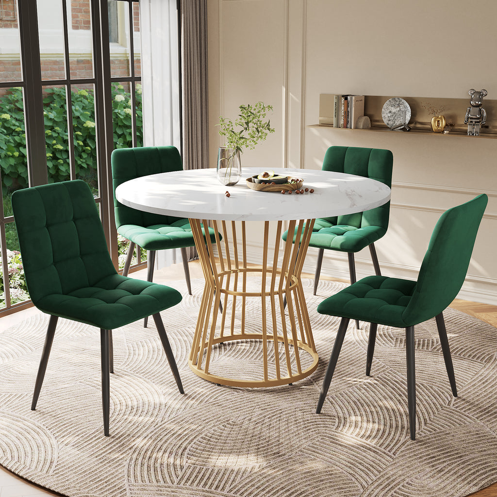Dining table set (5-piece), dining table set with 4 chairs, kitchen table set, round dining table with 100 cm diameter and golden metal legs, white MDF table top, green velvet dining chairs