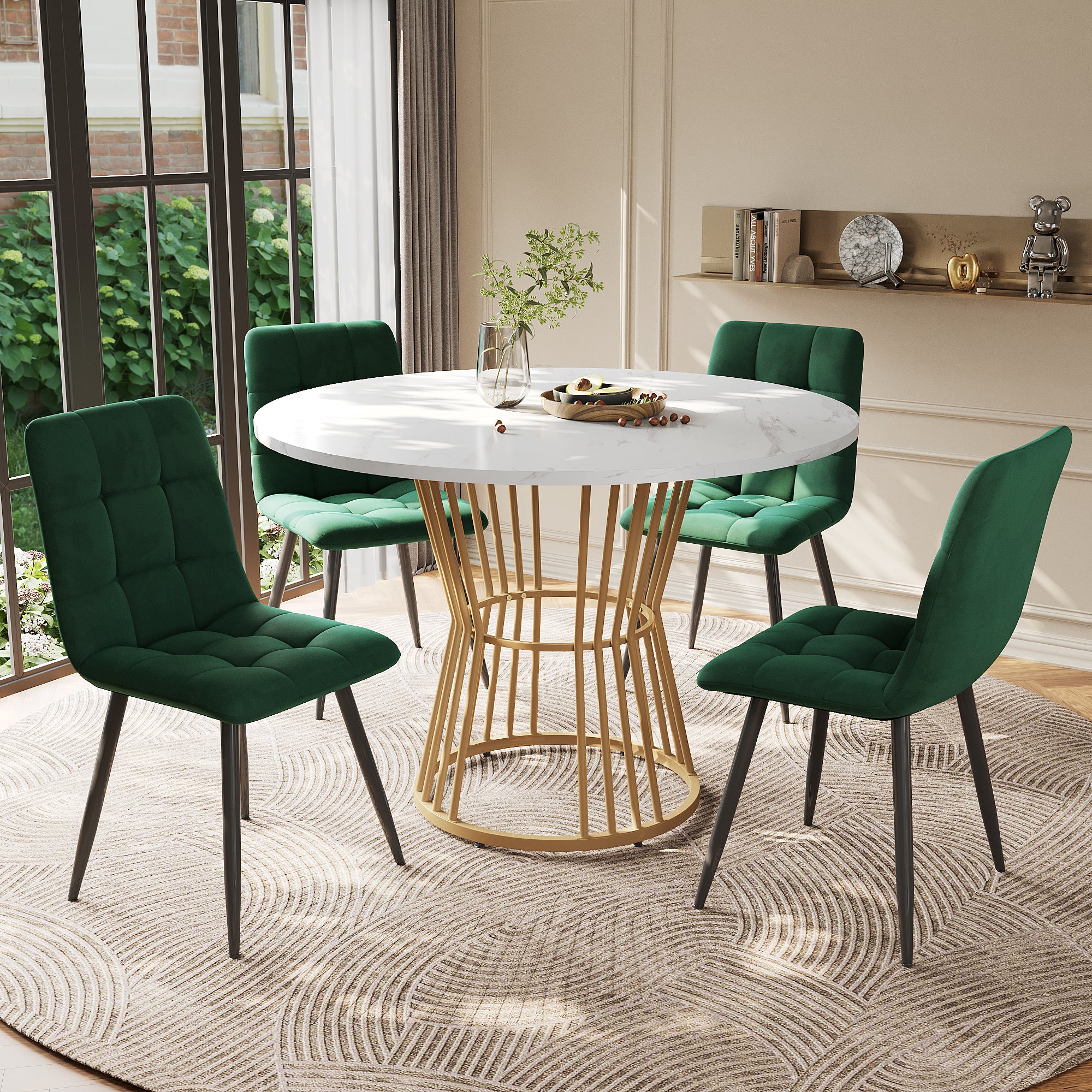 Dining table set (5-piece), dining table set with 4 chairs, kitchen table set, round dining table with 100 cm diameter and golden metal legs, white MDF table top, green velvet dining chairs