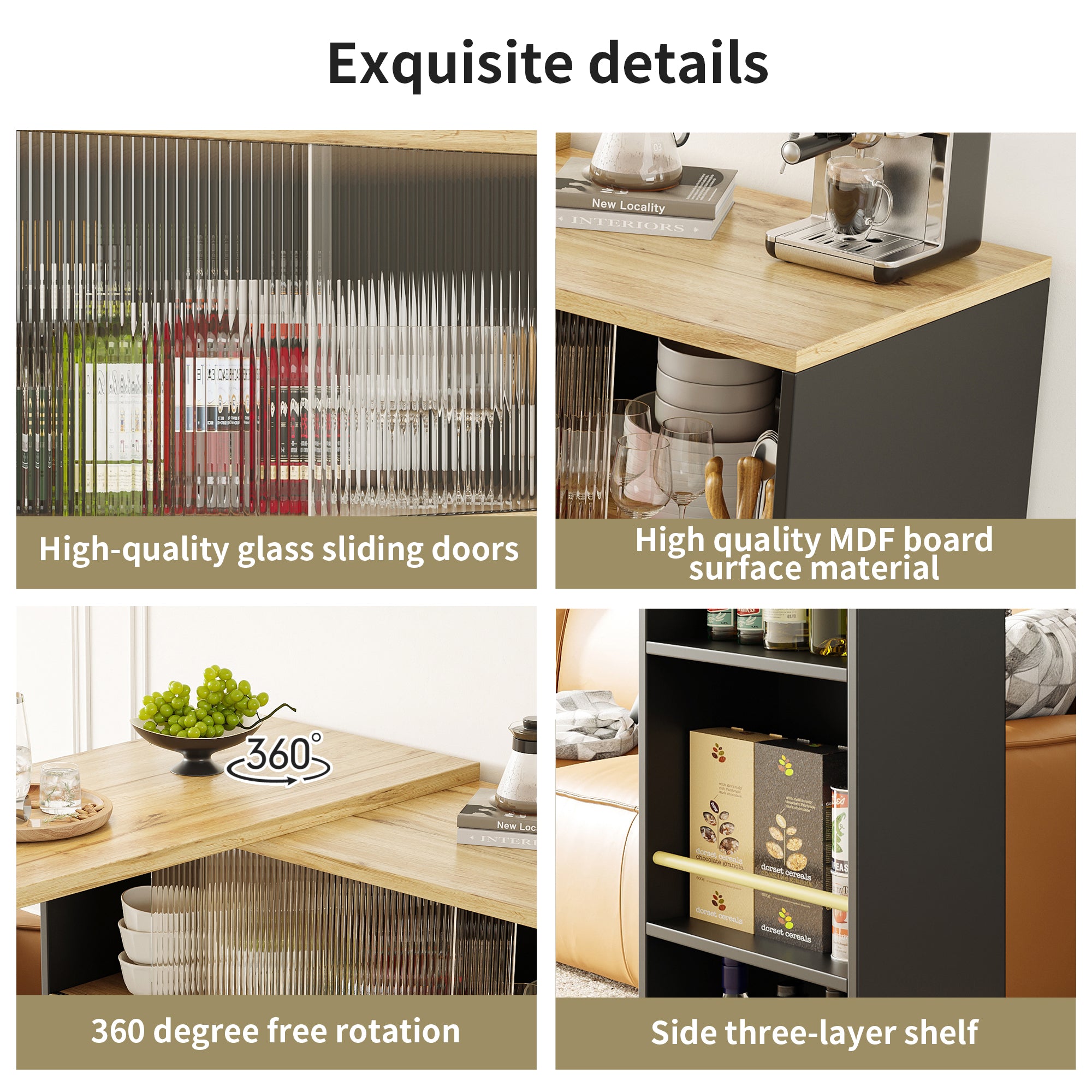360° swivelling dining bar (main body 90 x 45 x 100 cm), black, modern, simple, multifunctional, swivelling sideboard with shelves and glass, suitable for kitchens and restaurants