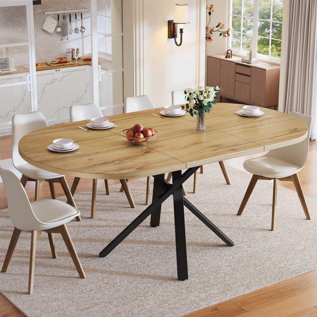 Extendable dining table 100-140cm, round-oval table, stable X-metal frame, adjustable feet, wood look