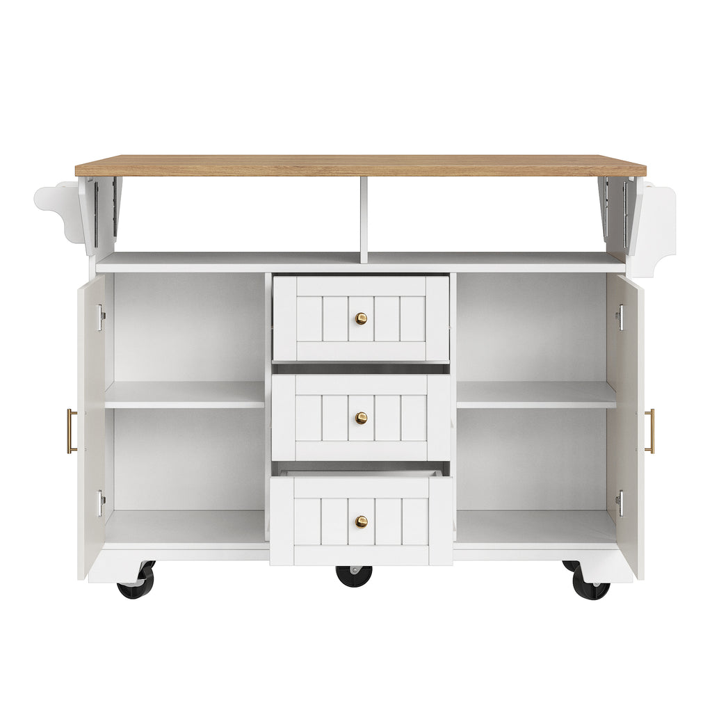 Kitchen island, cabinet, sideboard 120 x 40 (80) x 95 cm, extendable kitchen trolley with casters, extendable on both sides, with towel rail and spice rack, two doors, three drawers, black/white