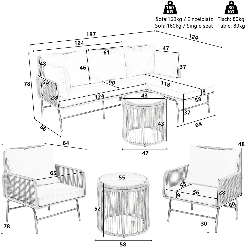 Garden lounge sofa set, outdoor furniture set, iron frame and beige rope weave, beige, two armchairs, two two-seater sofa and two round tables (all cushions included)