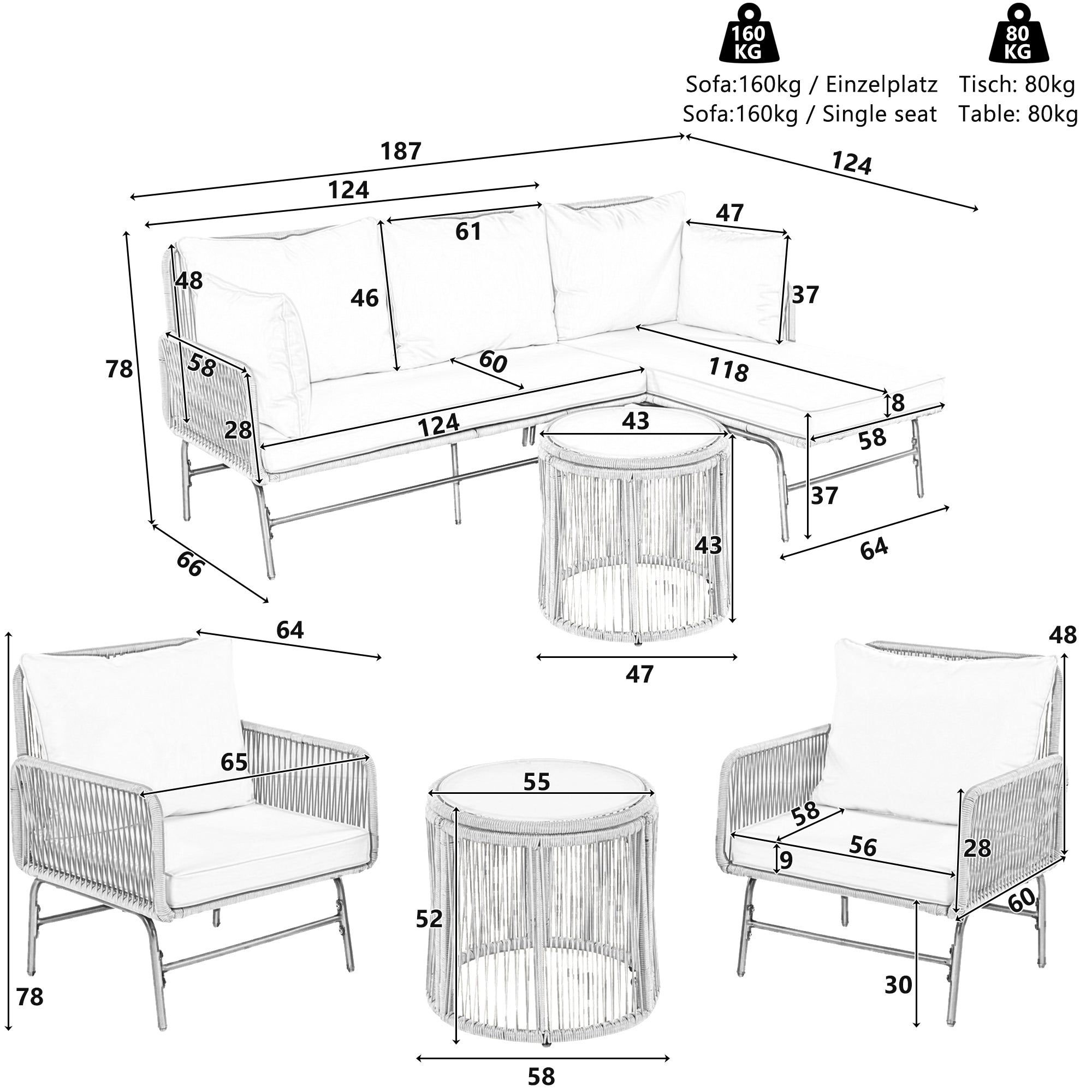 Garden lounge sofa set, outdoor furniture set, iron frame and beige rope weave, beige, two armchairs, two two-seater sofa and two round tables (all cushions included)