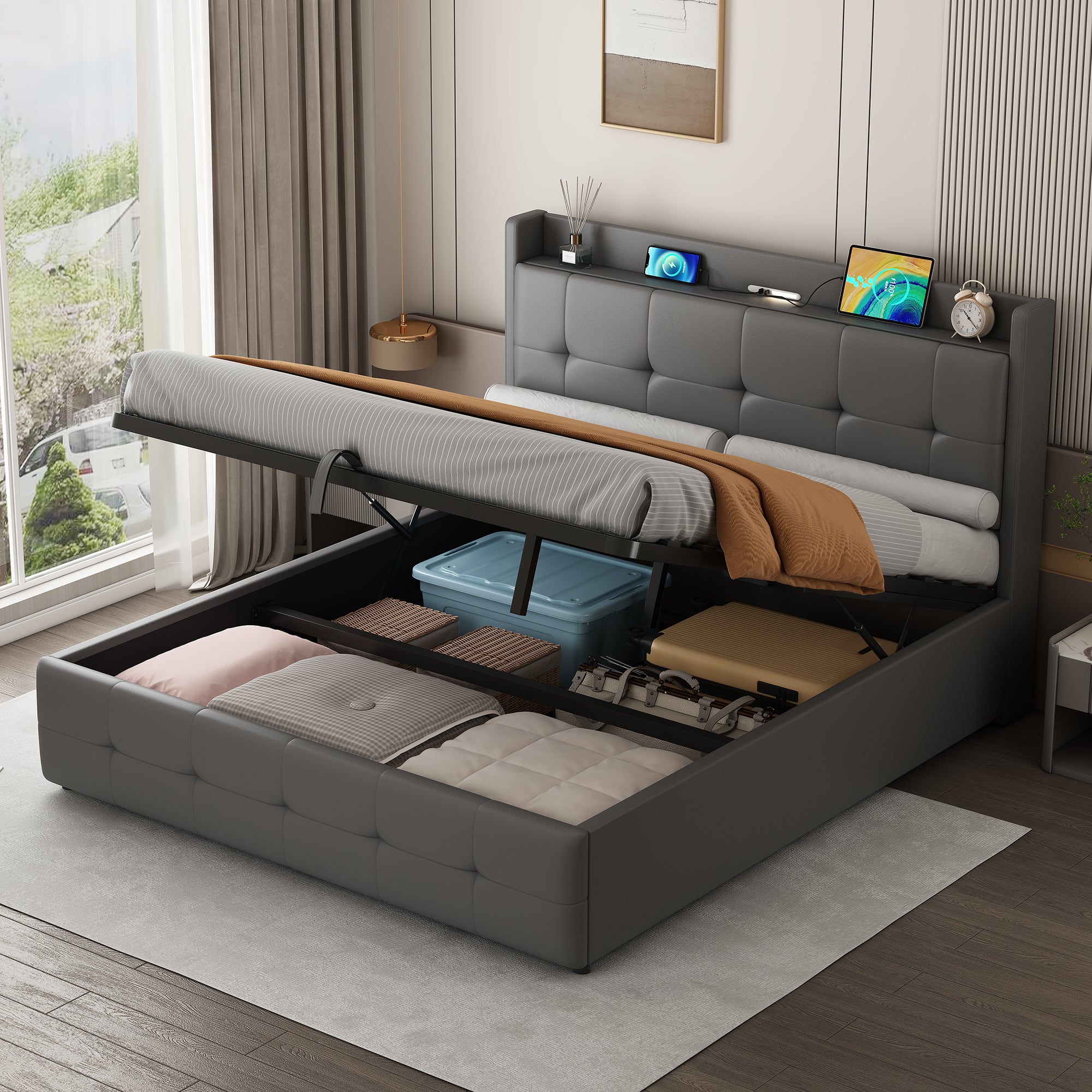 5ft King Upholstered Bed Frame with Hydraulic Storage, PU Leather Ottoman Bed with Concealed Headboard Storage, Double Bed with Charging Station and LED Night Light,  Grey (No Mattress)