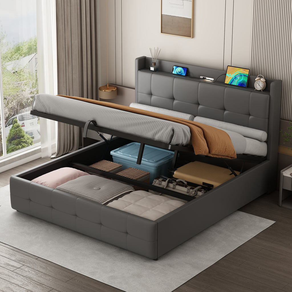 4ft6 Double Upholstered Bed Frame with Hydraulic Storage, PU Leather Ottoman Bed with Concealed Headboard Storage, Double Bed with Charging Station and LED Night Light,  Grey