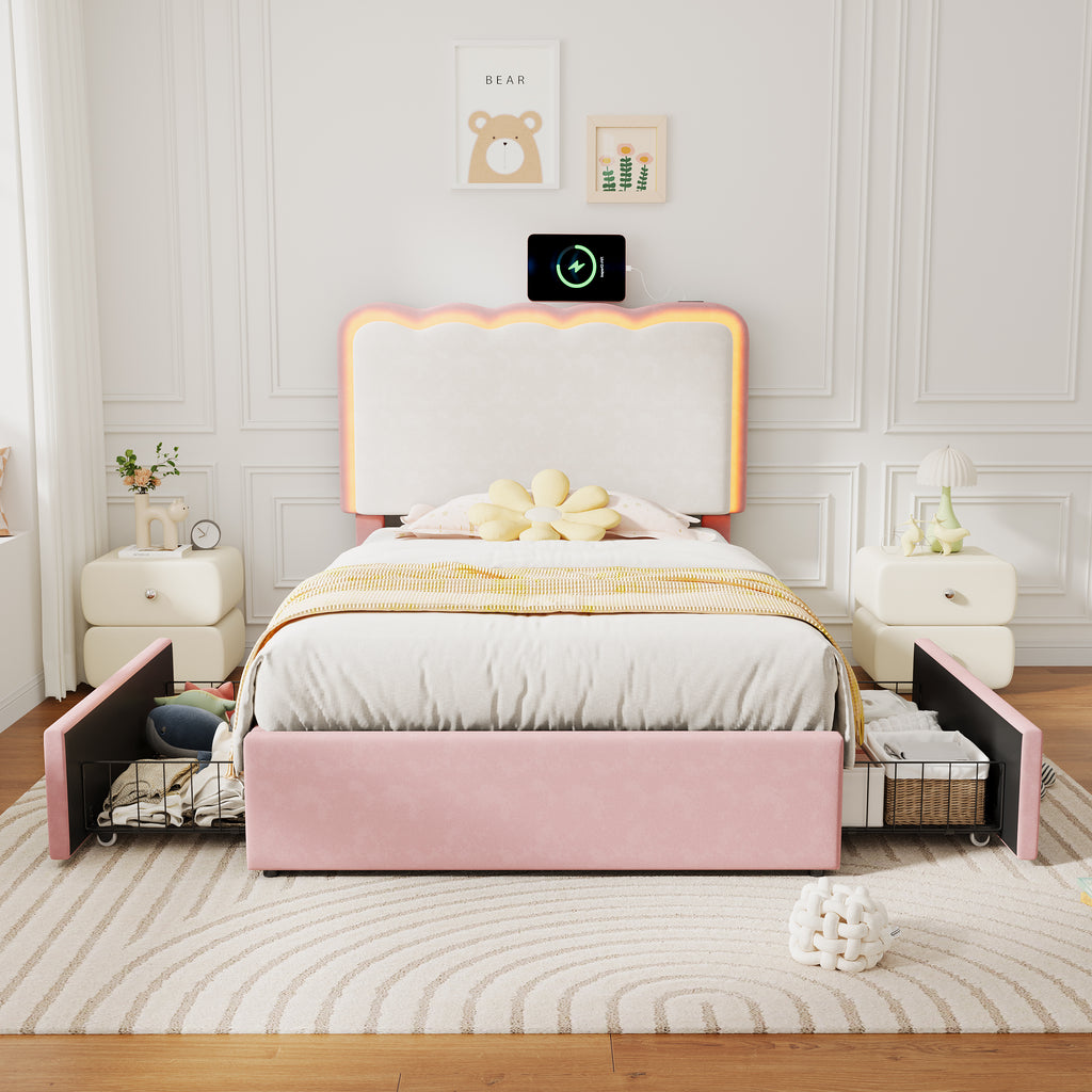 3ft Single Upholstered Bed with Adjustable LED Wavy Headboard, Soft Velvet Bed Frame with 2 Storage Drawers, Bed Frame with Solid Wood Slat, Easy Assembly, Pink+Cream White (No Mattress)