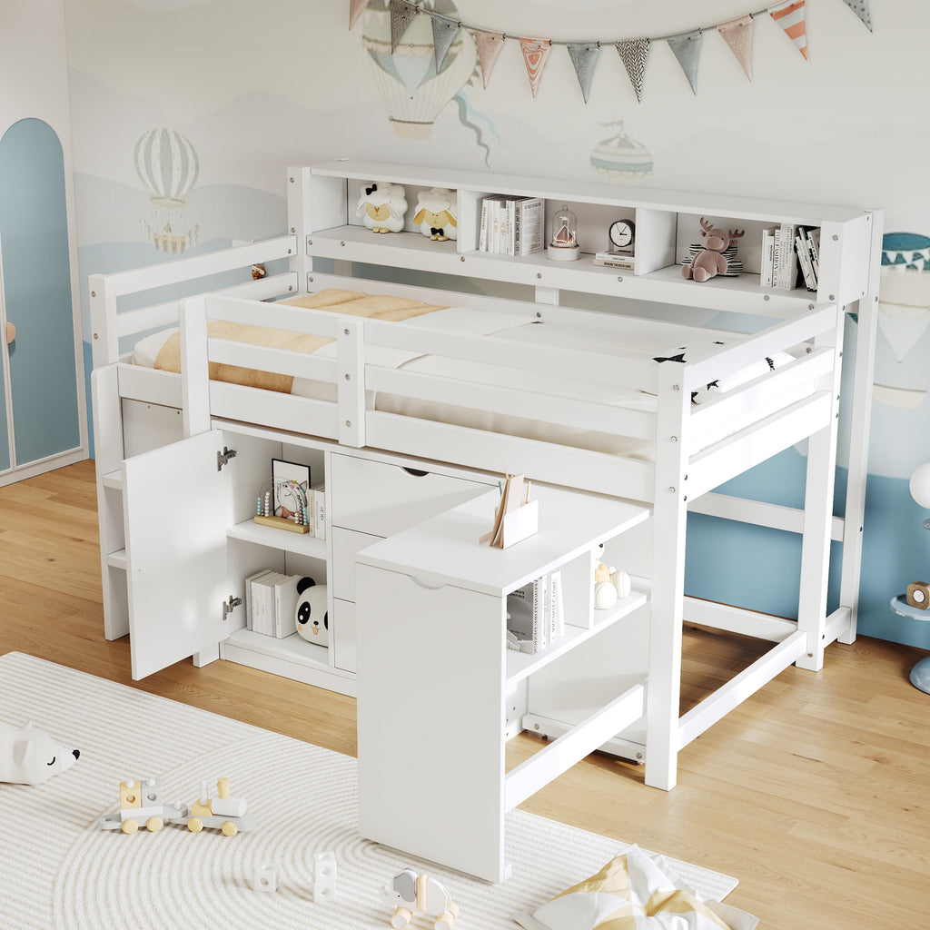 3ft Single Wooden Storage Bed with Pull-out Desk, Modern Wood Bed with Three Drawers, Storage Cabinet & Headboard Shelves, Space-saving Design with Storage Compartment, White (No Mattress)