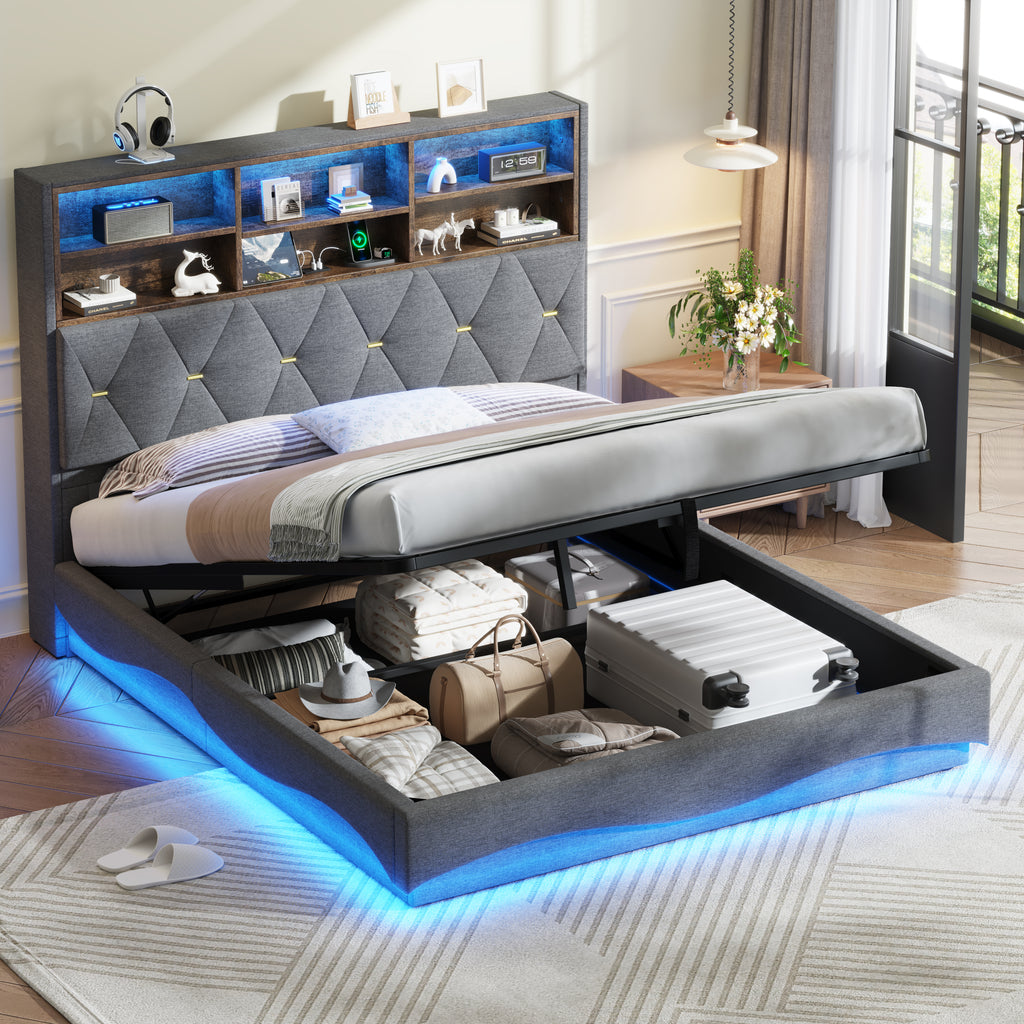 5ft King Upholstered Bed Frame with Hydraulic Storage, Wavy LED Heightened Headboard with Charging Station, USB and Type - C Ports, Linen, No Box Spring Needed, Grey (No Mattress)