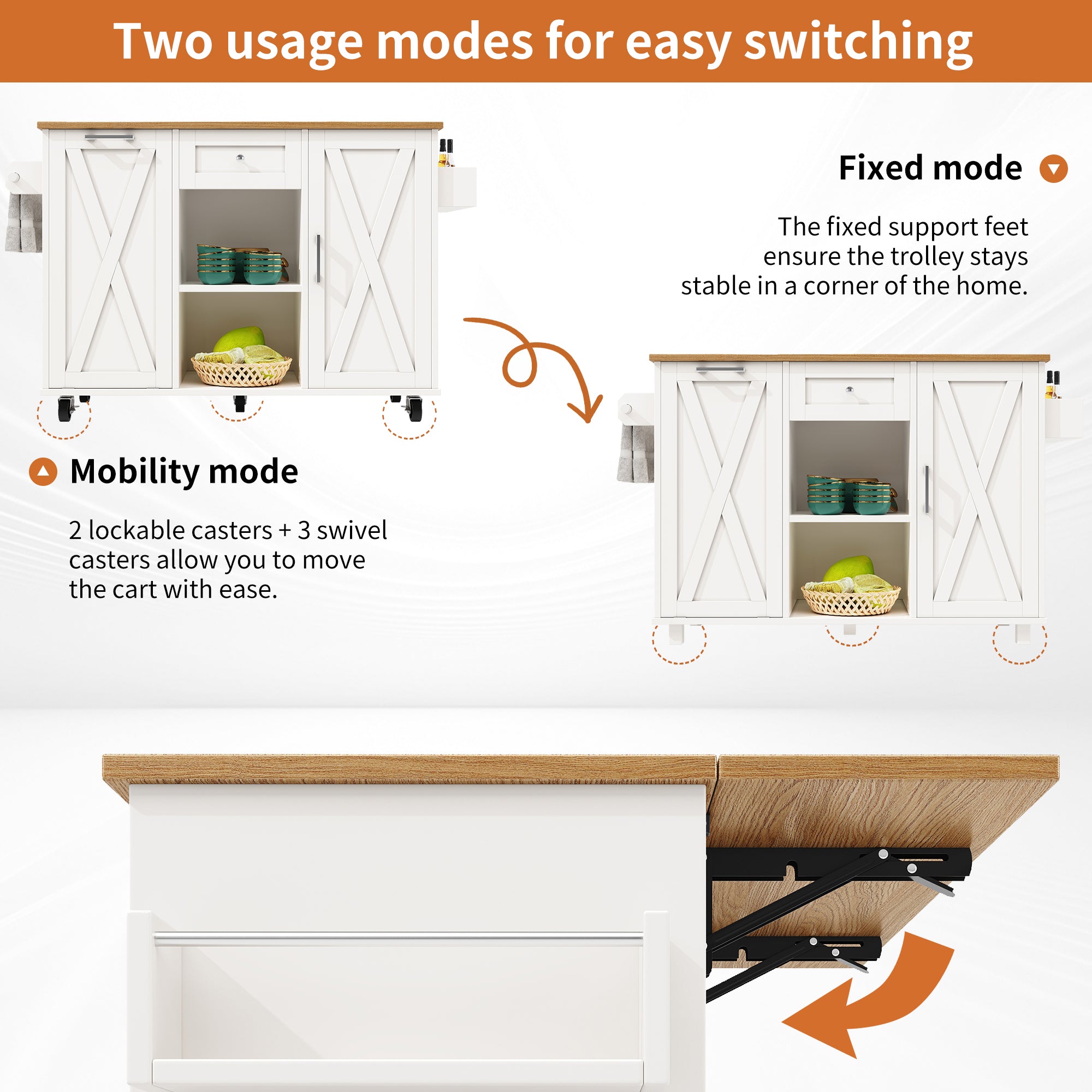 Modern kitchen island,cabinet for rubbish bins, multifunctional dining table with storage space, serving trolley with snack shelves and stretch function cabinets, white(Excluding the dustbin)