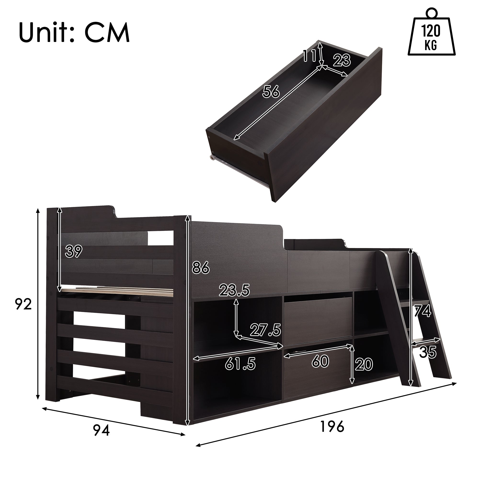 Cabin Bed Mid Sleeper Bed Frame Storage Kids Wooden bed with Drawers Shelf Storage Low Sleeper Bed  3ft Single Children's Wooden Bed - 3ft Single (90 x 190 cm) Frame Only
