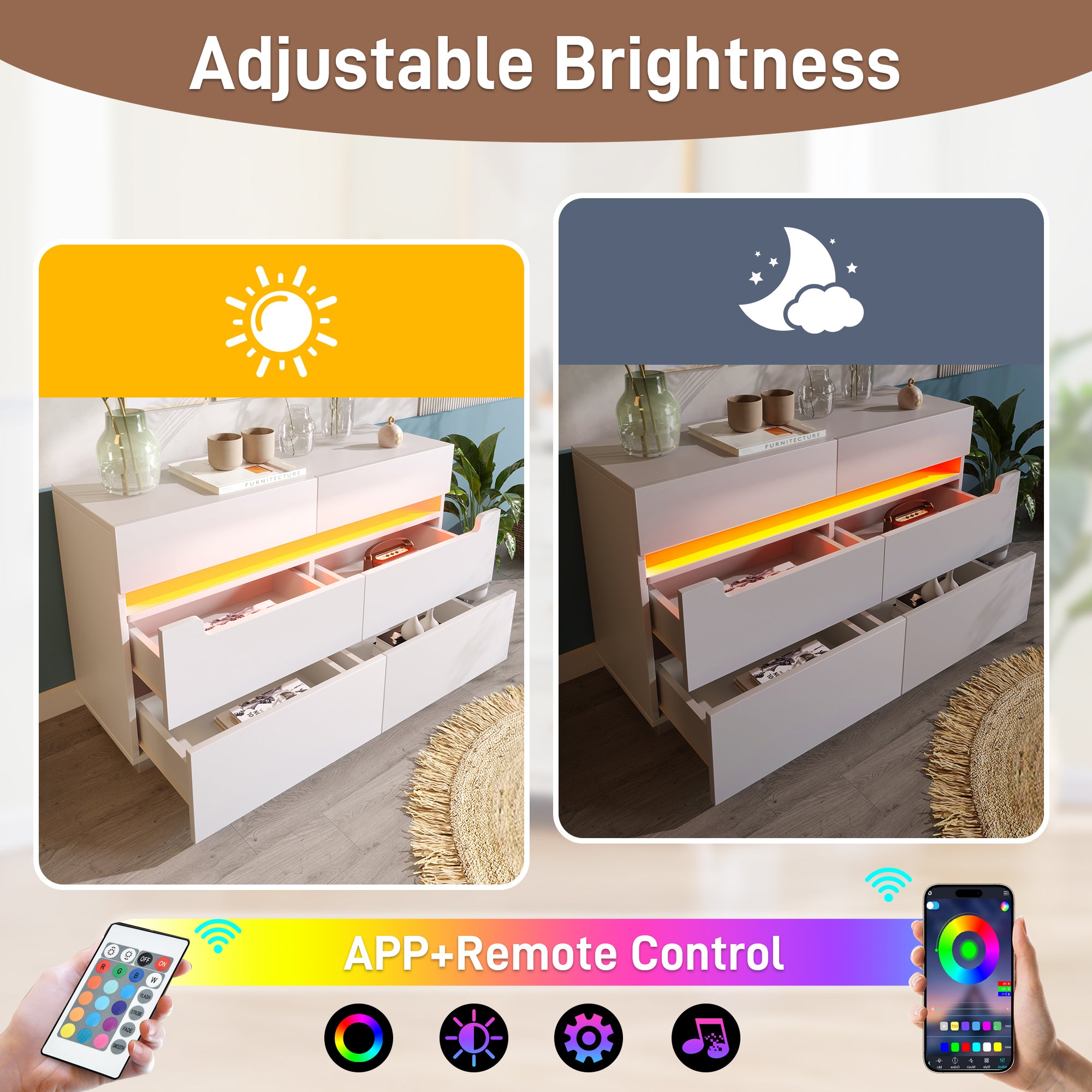 Sideboard Cabinet Dresser with 6 Drawers,Storage with RGB LED(App Control), Sideboard with Cut-out Handles, 6-drawers Chest of Drawers, 71 x 120 x 40 cm, White