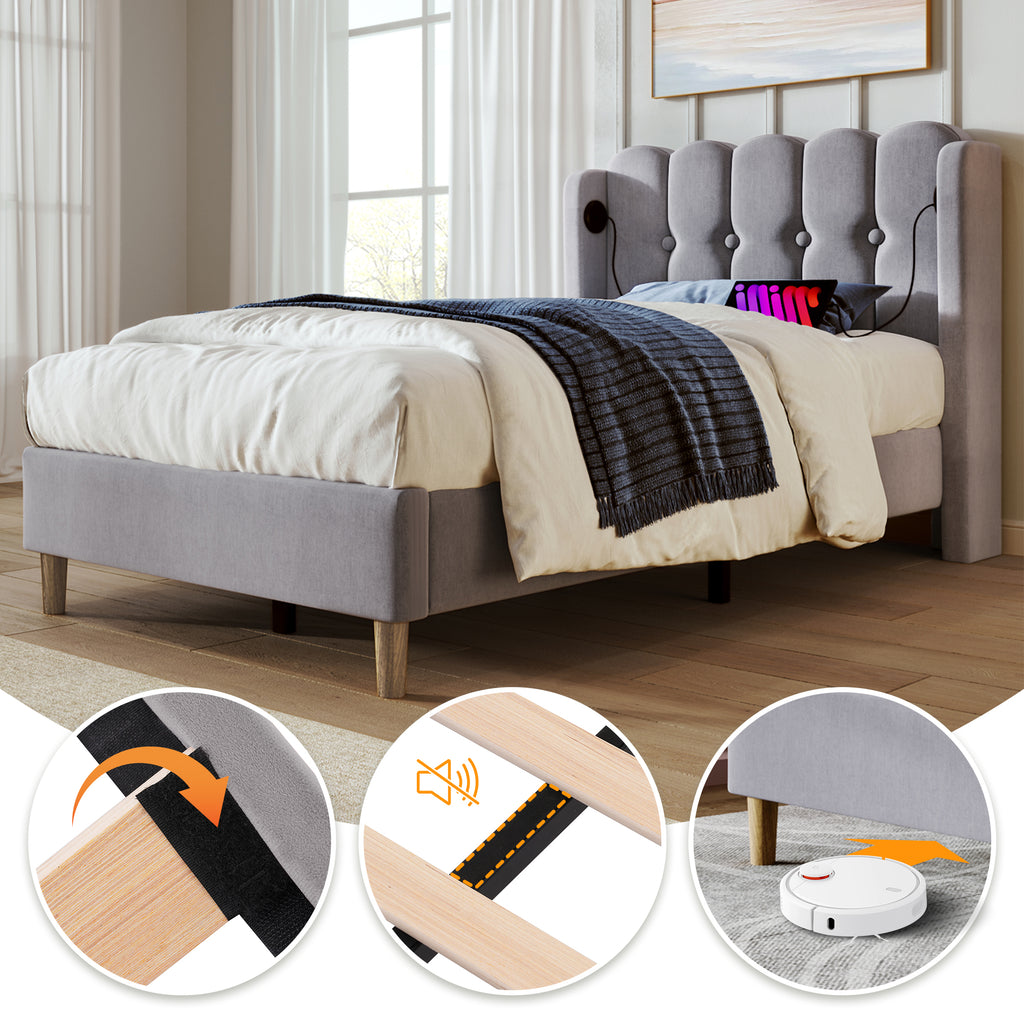 Upholstered Single Bed with USB and Type-C Charging, Bed Frame with Wooden Slatted Frame, Teenager Bed for Bedroom & Guest Room, 3ft 90 x 190 cm Bed Frame, Grey, Linen Material (No Mattress).