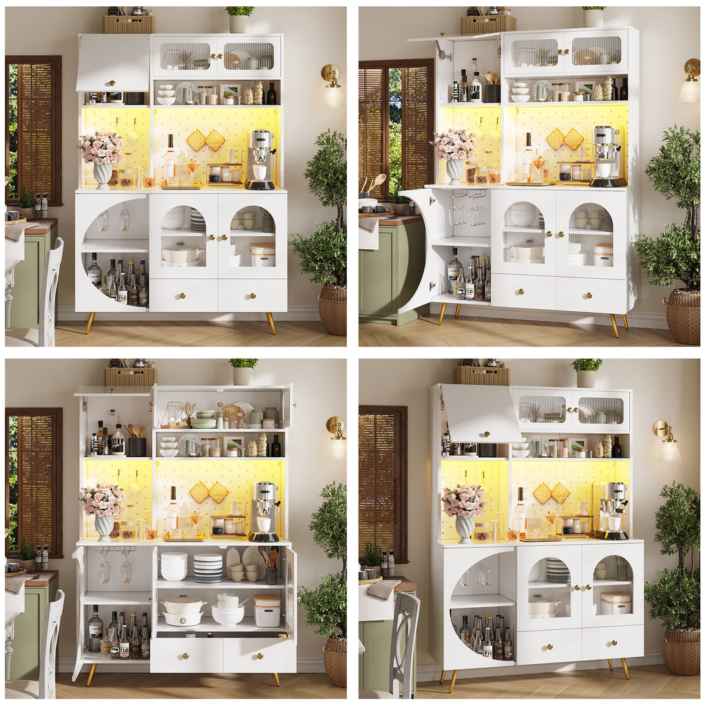 Tall Kitchen Cabinet with LED Lights & USB Ports, Modern Sideboard Storage Cabinet with Power Outlets, Perforated Wall, Drawer & Glass Shelves, for Kitchen & Living Room, 120x40x176 cm, White