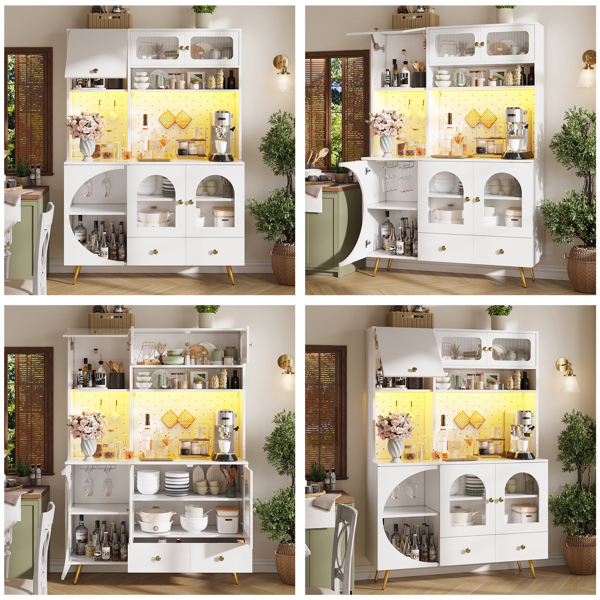 Tall Kitchen Cabinet with LED Lights & USB Ports, Modern Sideboard Storage Cabinet with Power Outlets, Perforated Wall, Drawer & Glass Shelves, for Kitchen & Living Room, 120x40x176 cm, White