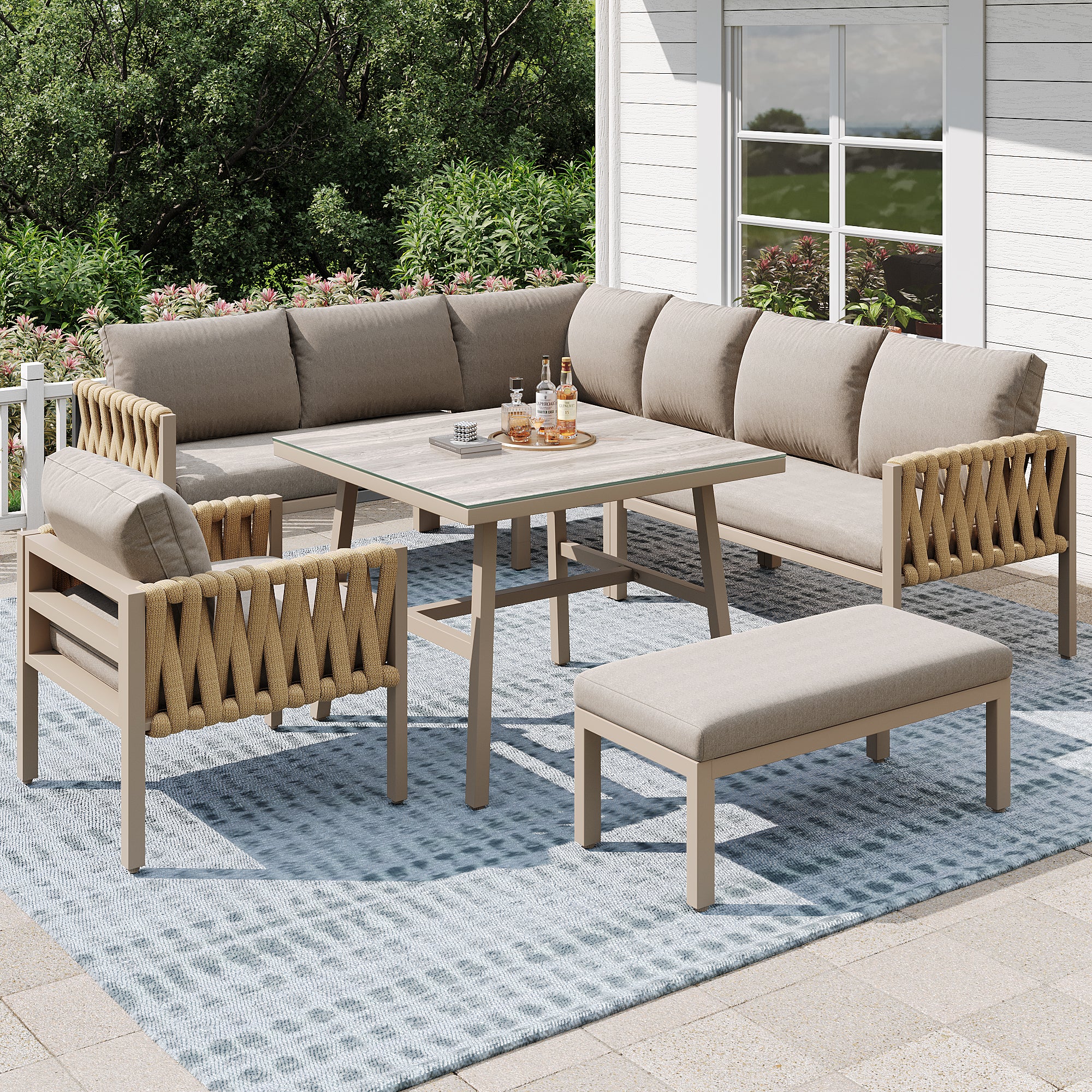 Garden furniture set, rope-weave outdoor sofa set with galvanized steel frame, adjustable legs, L-shaped sofa, tempered glass table top, includes all seat and back cushions, beige