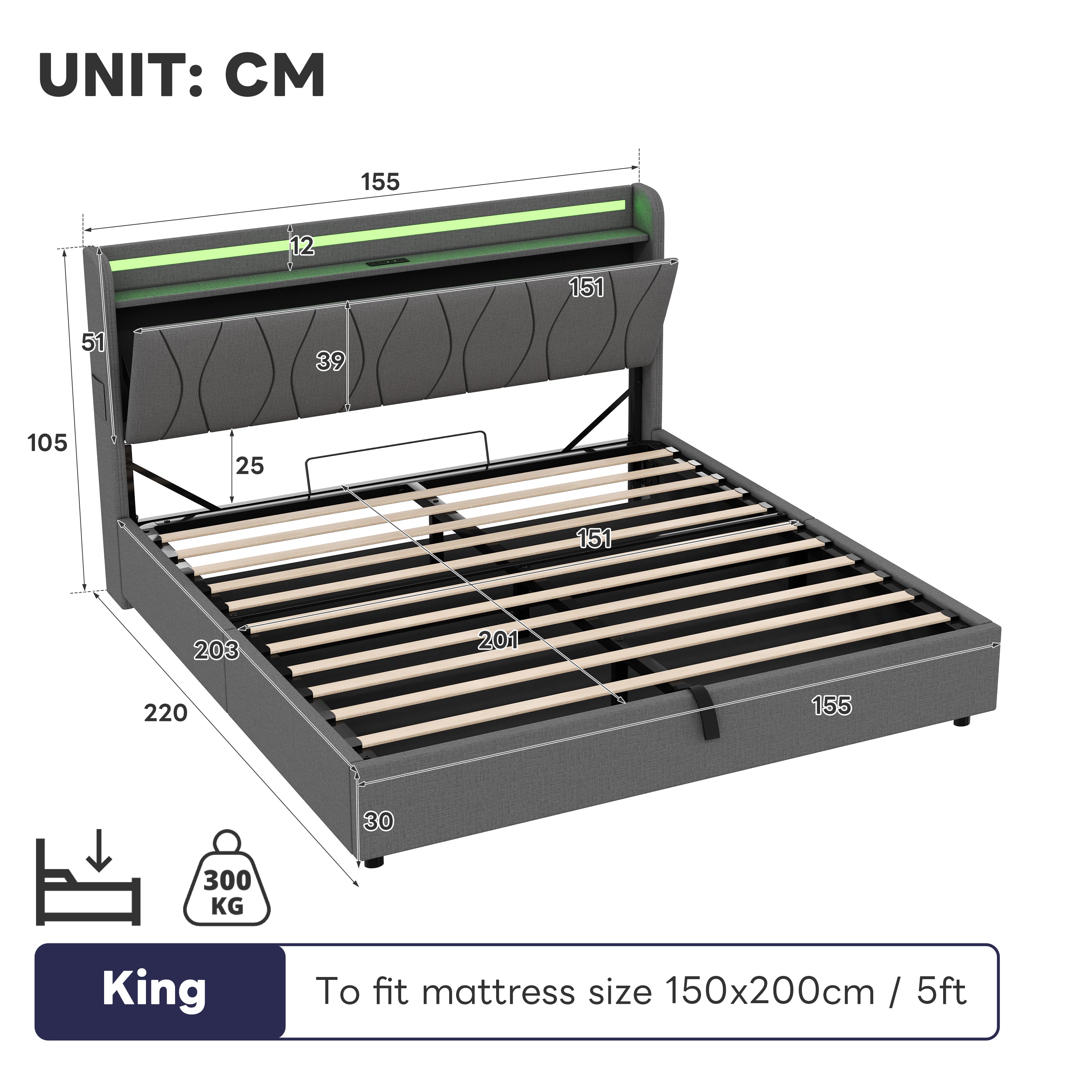 5ft King Upholstered Bed Frame with Hydraulic Storage, LED Headboard with Charging Station and Concealed Headboard Storage, USB and Type - C Ports, Linen, No Box Spring Needed, Grey (No Mattress)