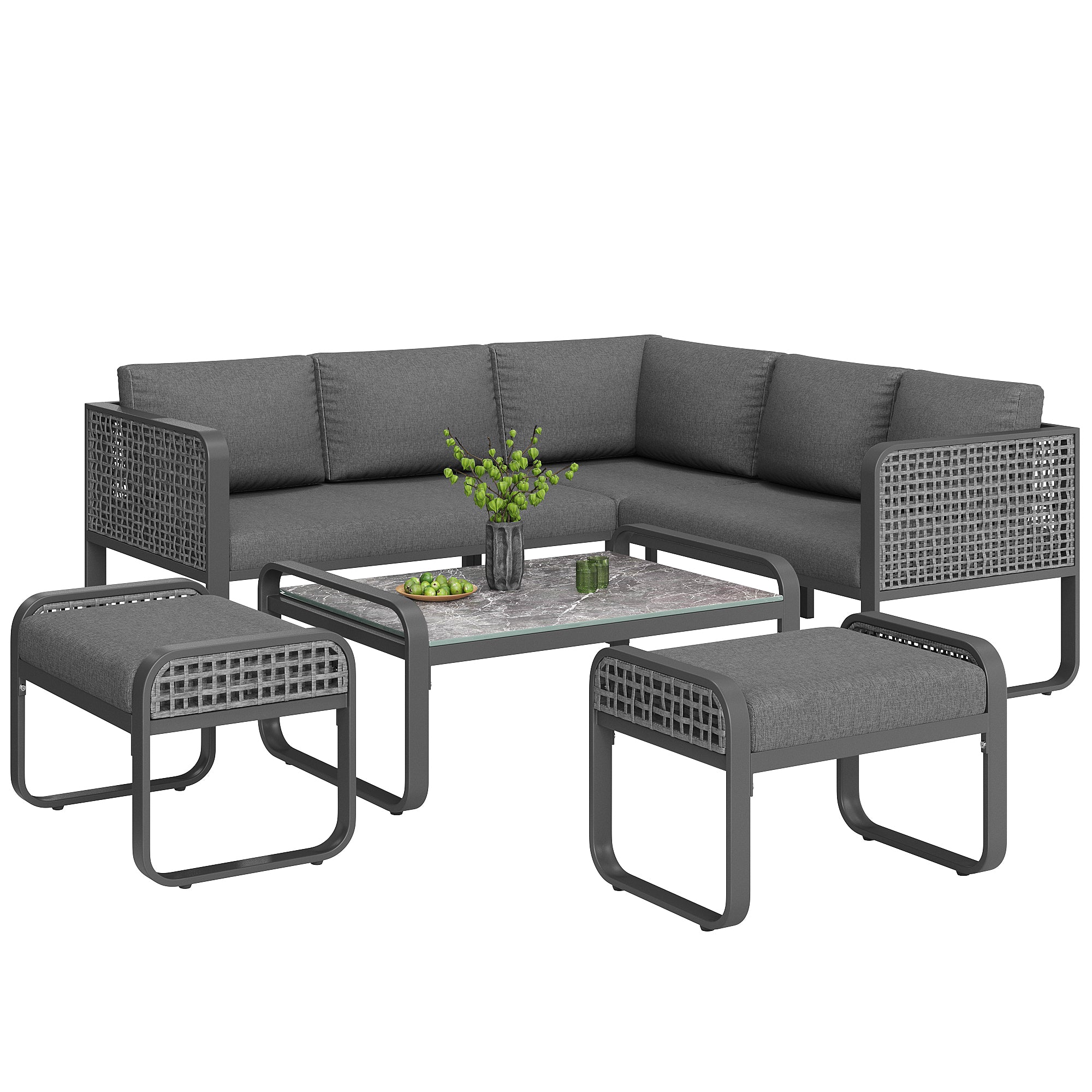 Outdoor garden lounge set, rattan furniture set for 6-7 people, corner sofa with galvanised iron frame, adjustable legs, includes all seat and back cushions, grey