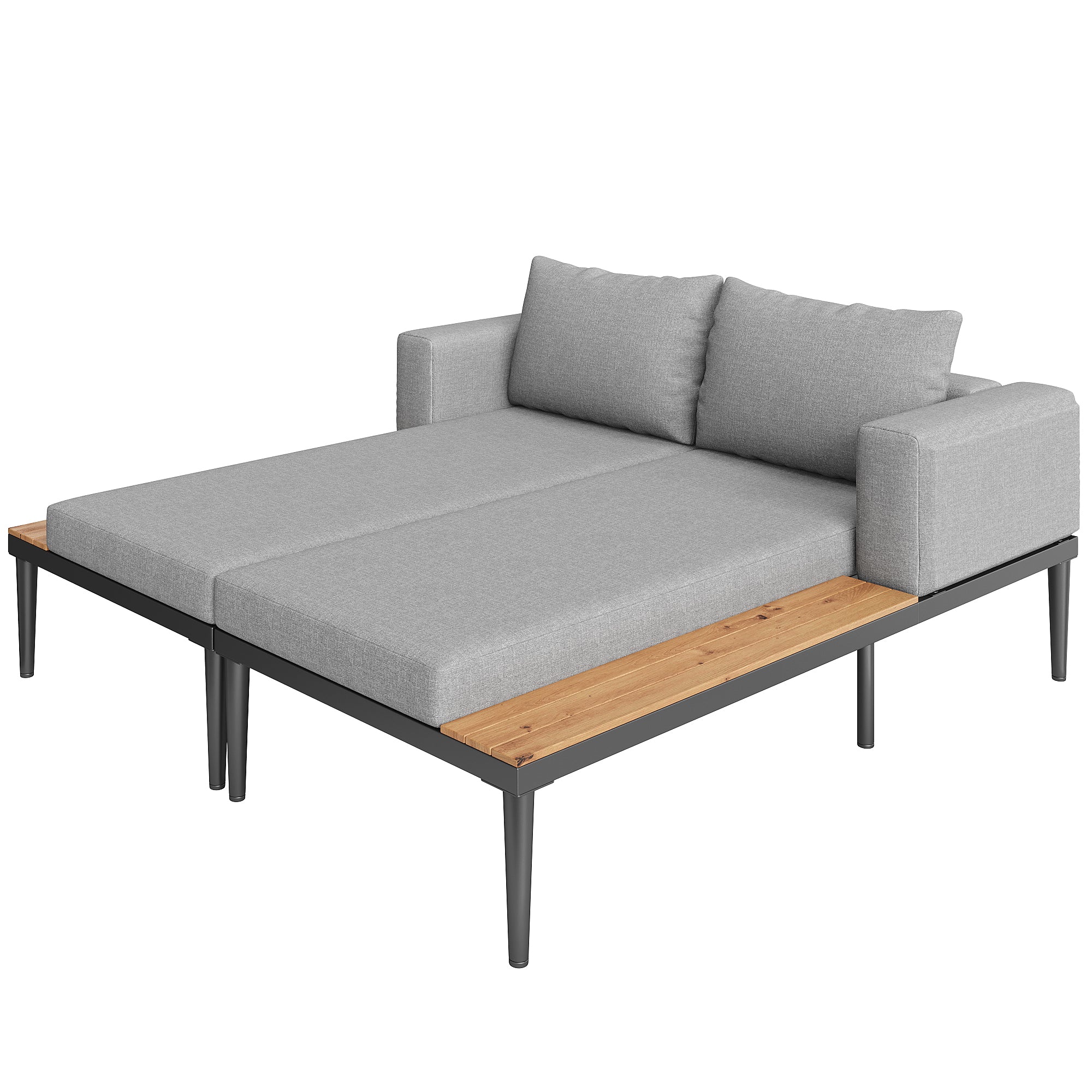 Modular Outdoor Double Chaise Lounge with Wooden Side Panels, Waterproof Cushions, Sturdy Iron Frame, for Patio & Poolside