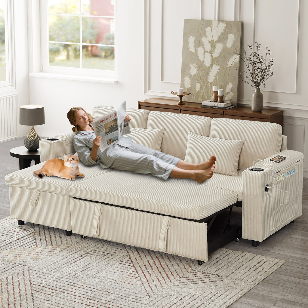 3 in 1 Convertible Corduroy Sofa Bed with Storage Chaise, L Shaped Sleeper Sofa Couches with Armrest Storage and Charging Station. Pullout Sectional Daybed for Living Room/Bedroom/Office, Beige